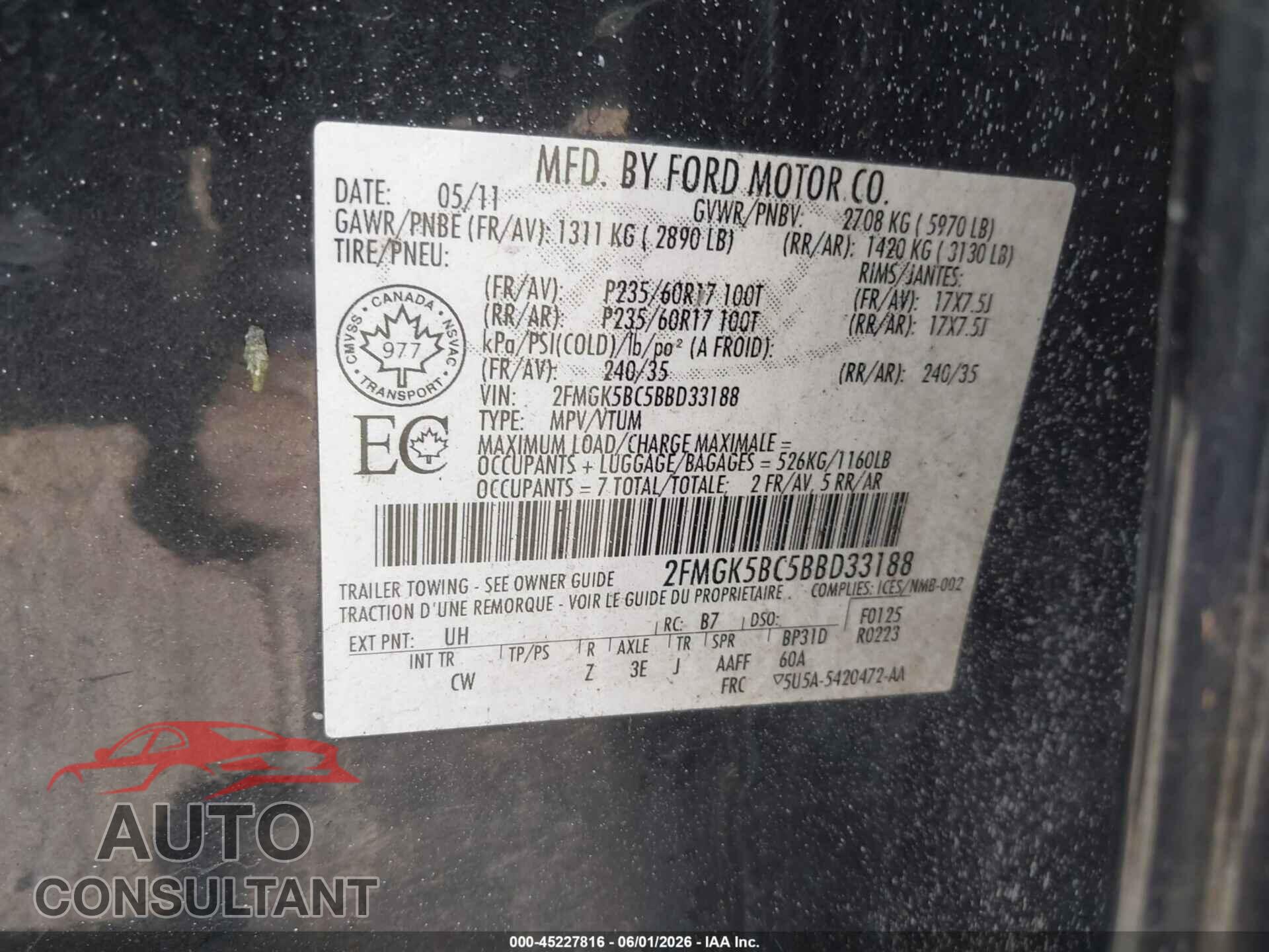 FORD FLEX 2011 - 2FMGK5BC5BBD33188