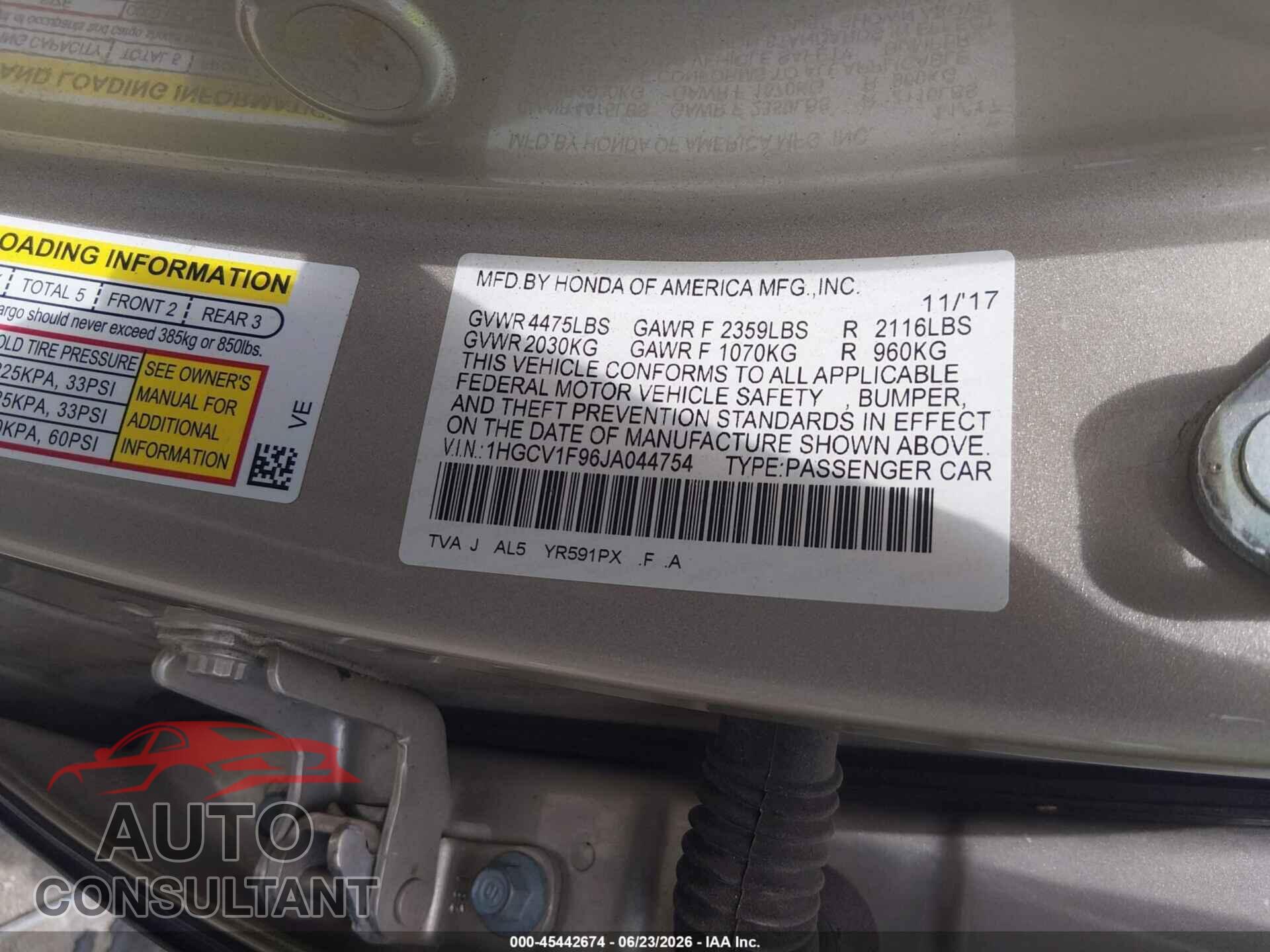 HONDA ACCORD 2018 - 1HGCV1F96JA044754