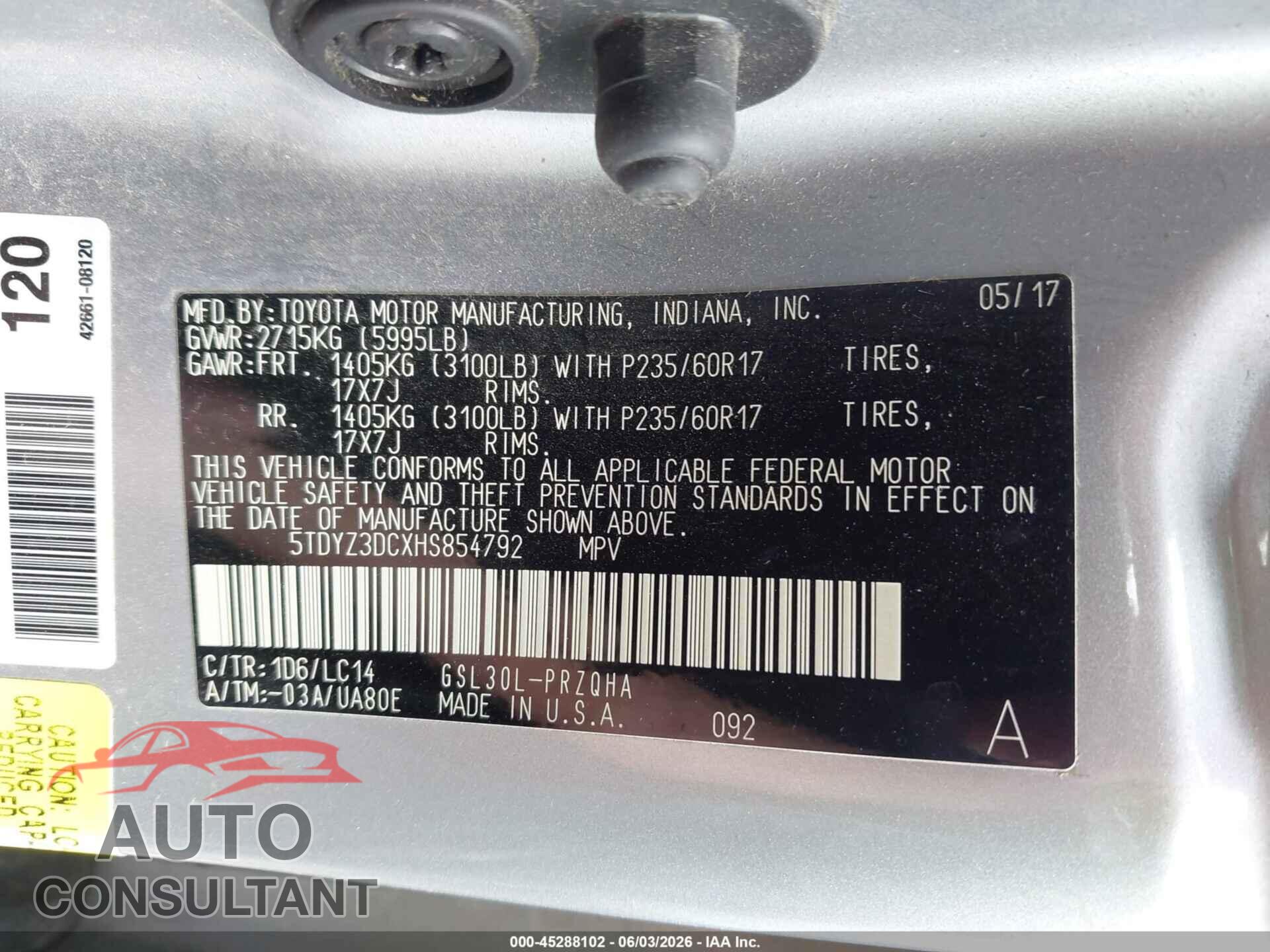 TOYOTA SIENNA 2017 - 5TDYZ3DCXHS854792