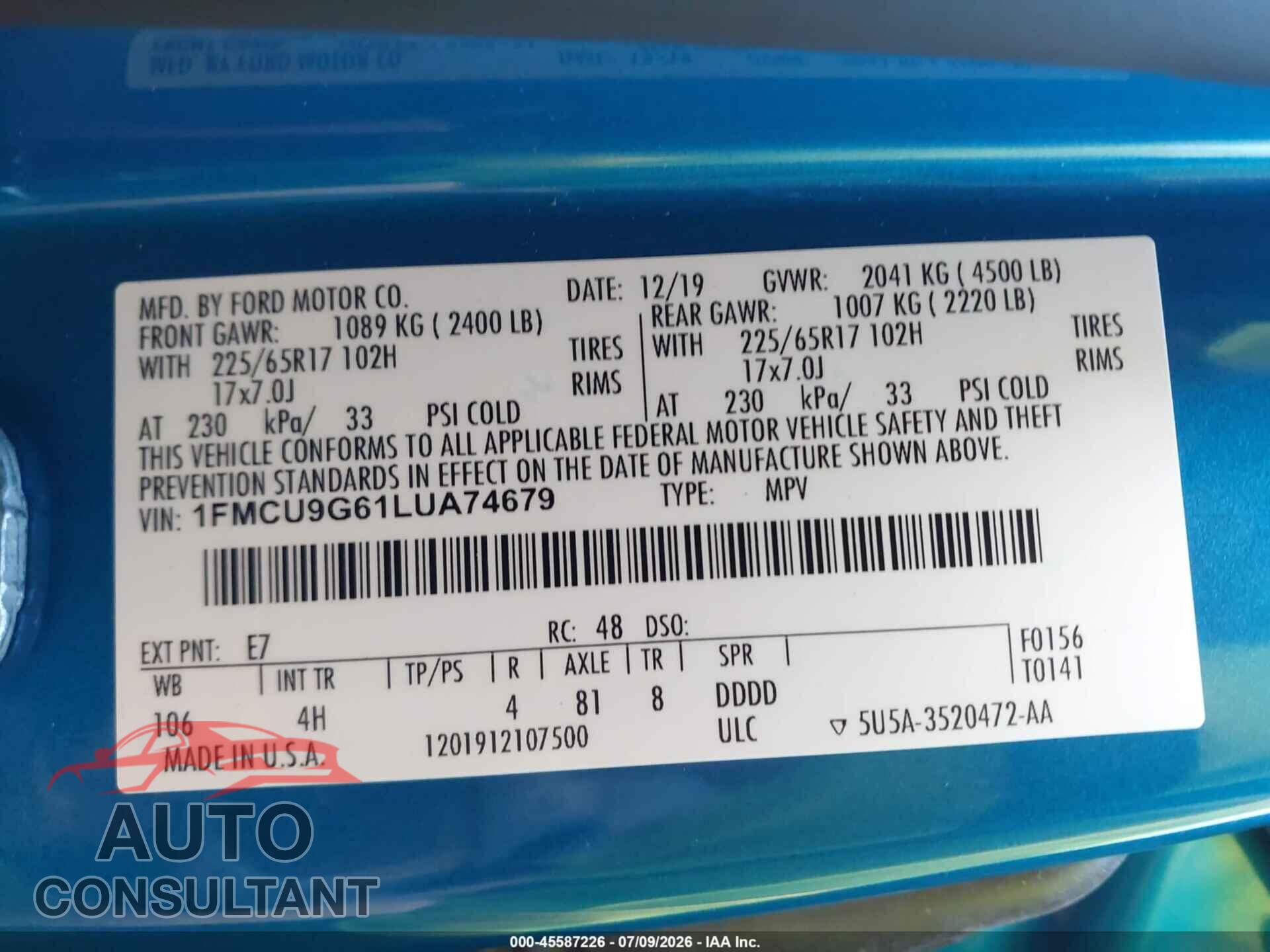FORD ESCAPE 2020 - 1FMCU9G61LUA74679