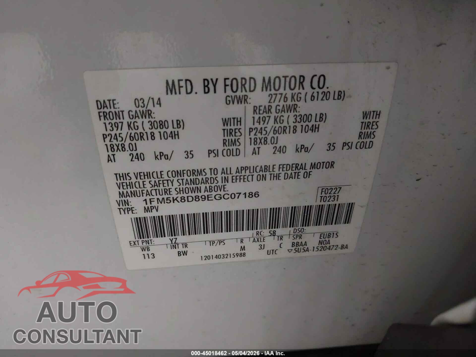 FORD EXPLORER 2014 - 1FM5K8D89EGC07186