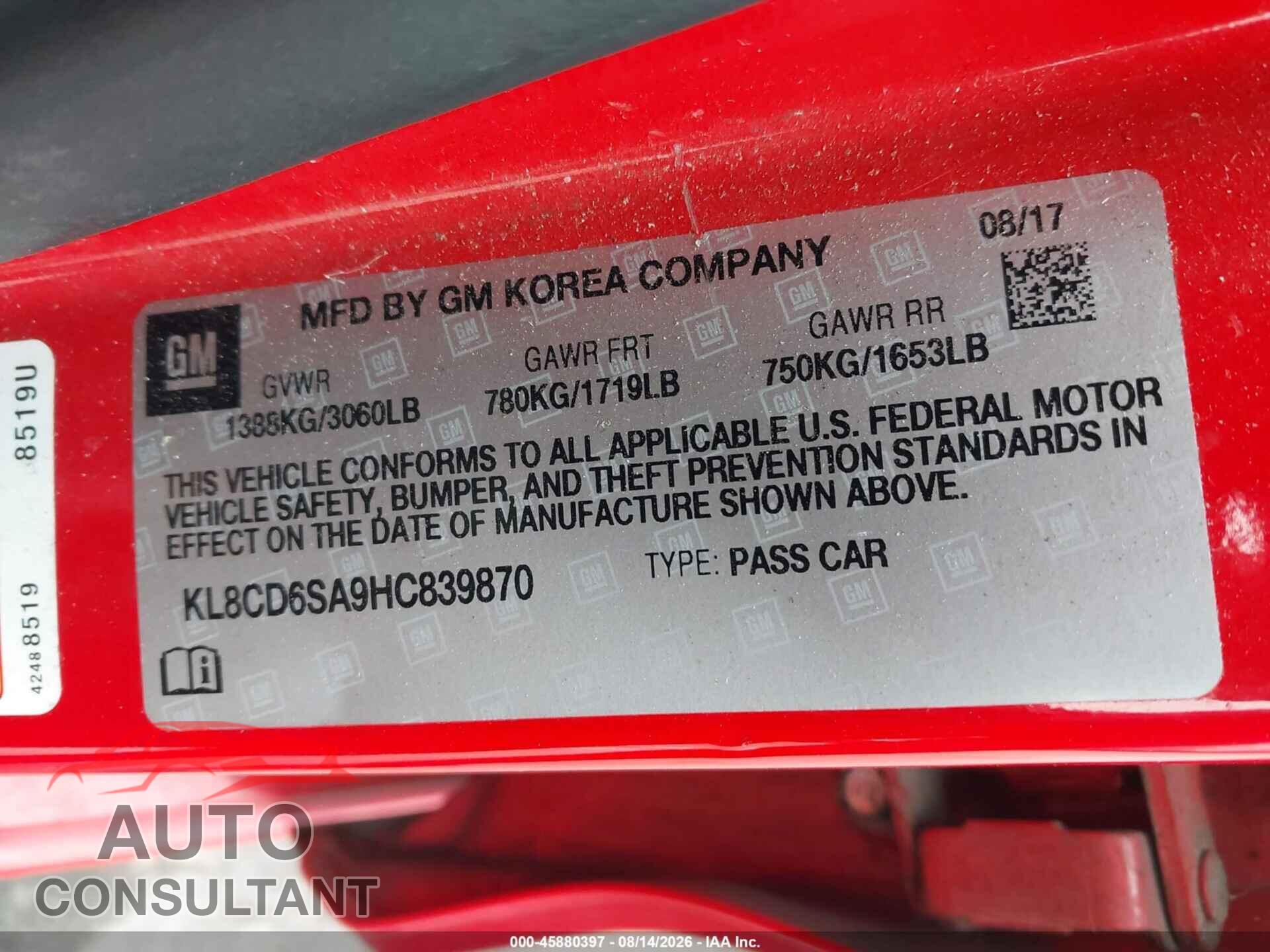 CHEVROLET SPARK 2017 - KL8CD6SA9HC839870