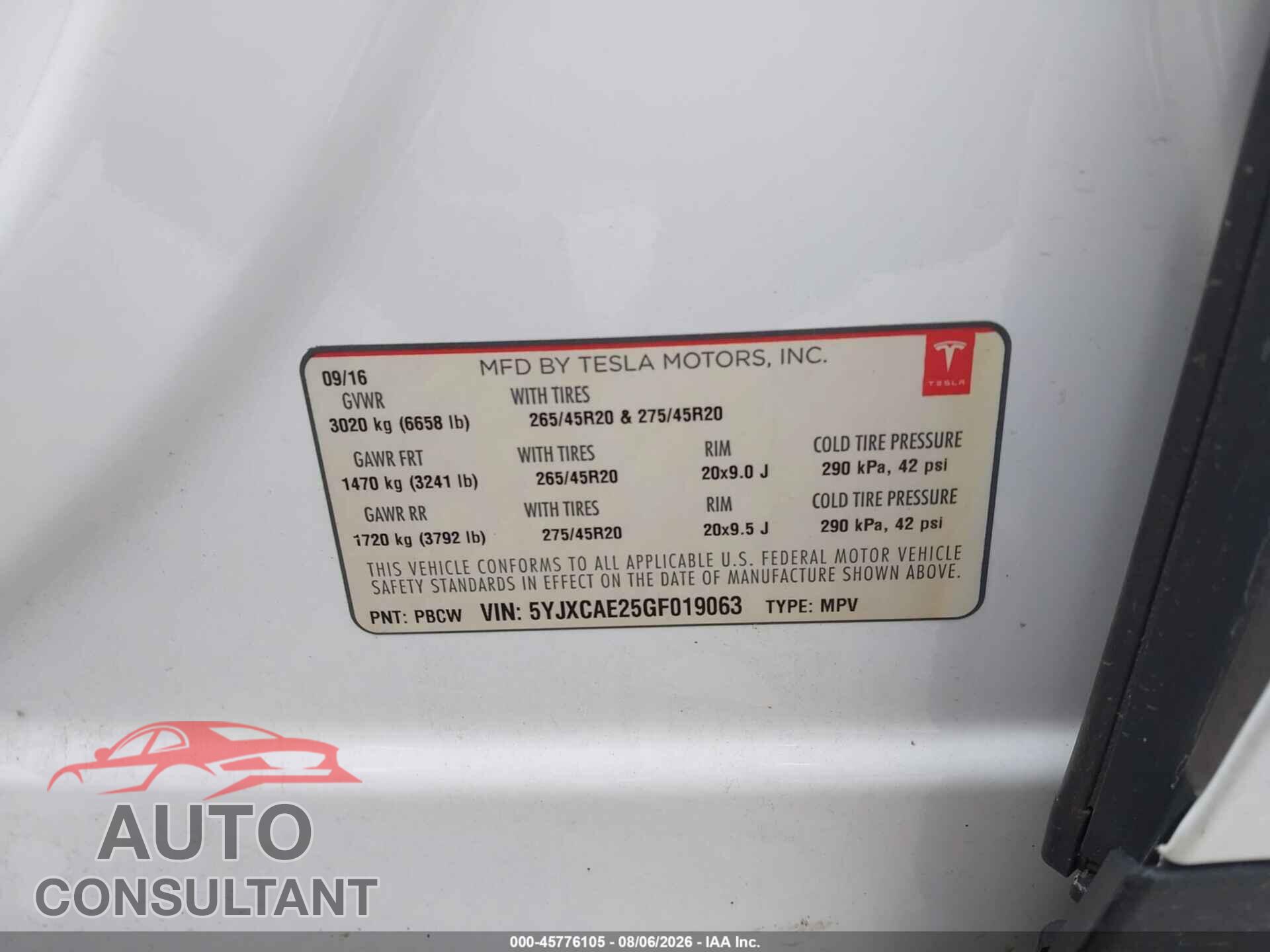 TESLA MODEL X 2016 - 5YJXCAE25GF019063