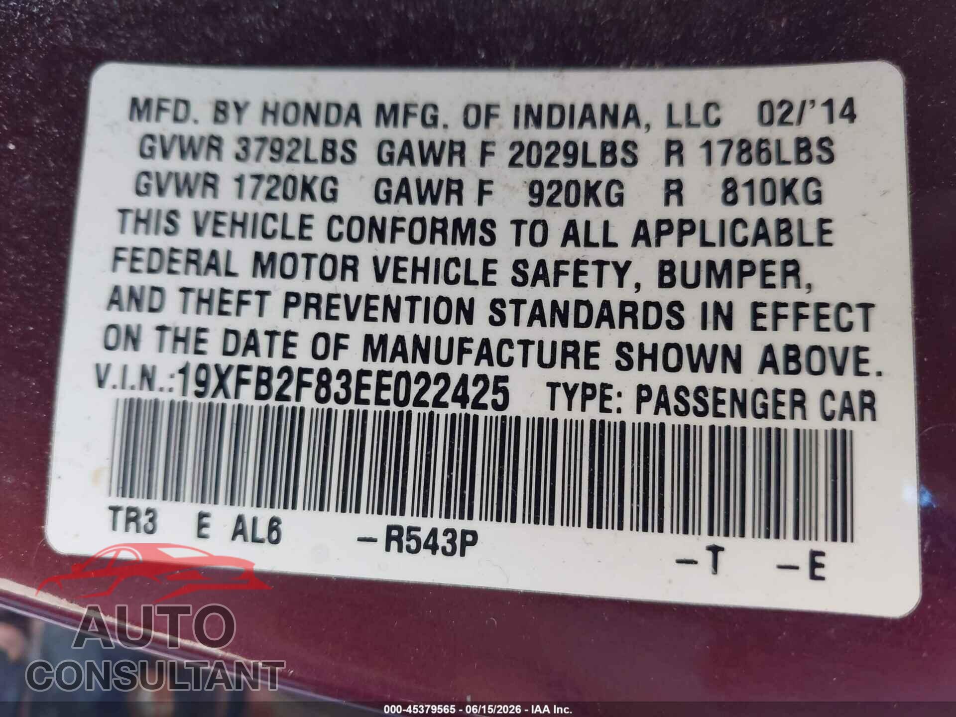 HONDA CIVIC 2014 - 19XFB2F83EE022425