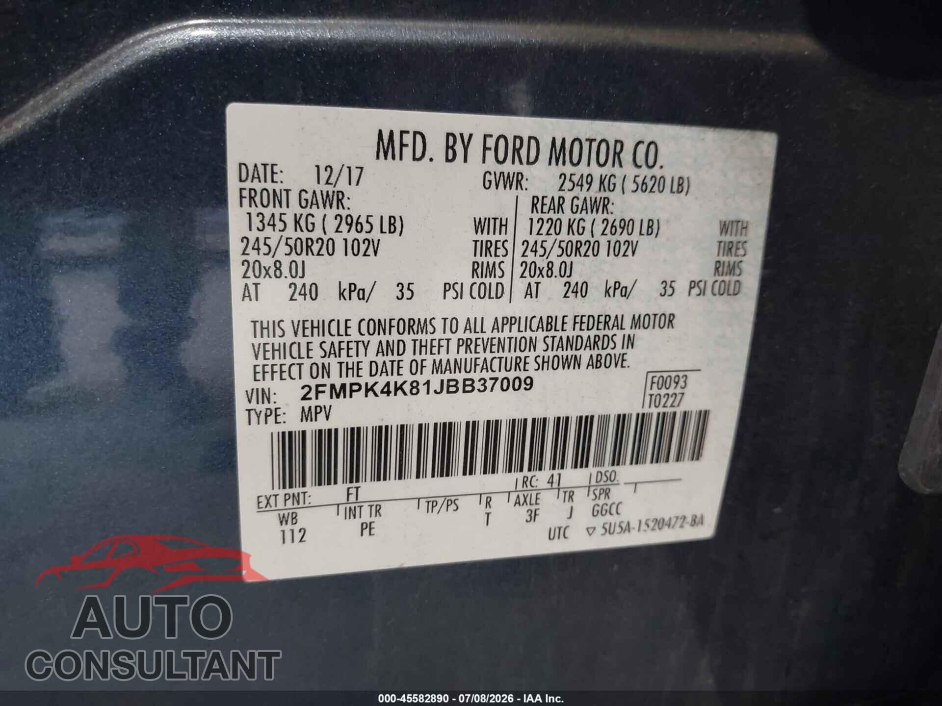 FORD EDGE 2018 - 2FMPK4K81JBB37009