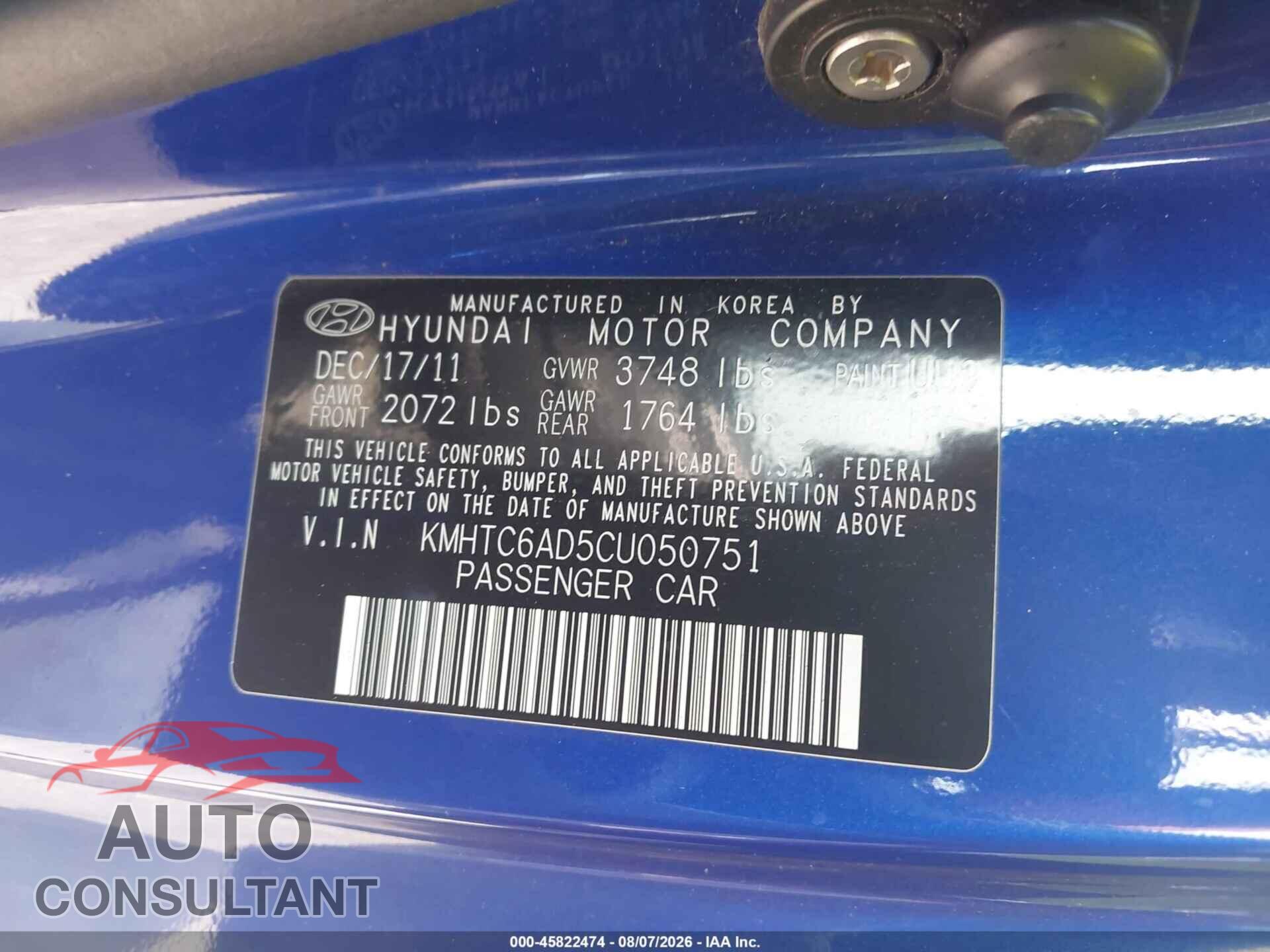 HYUNDAI VELOSTER 2012 - KMHTC6AD5CU050751