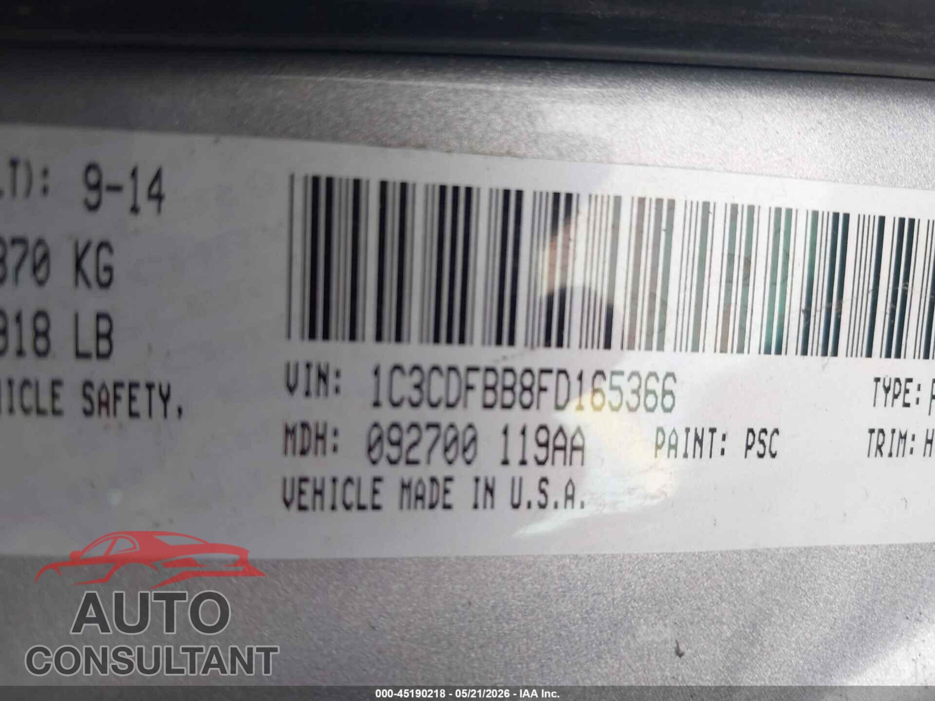 DODGE DART 2015 - 1C3CDFBB8FD165366