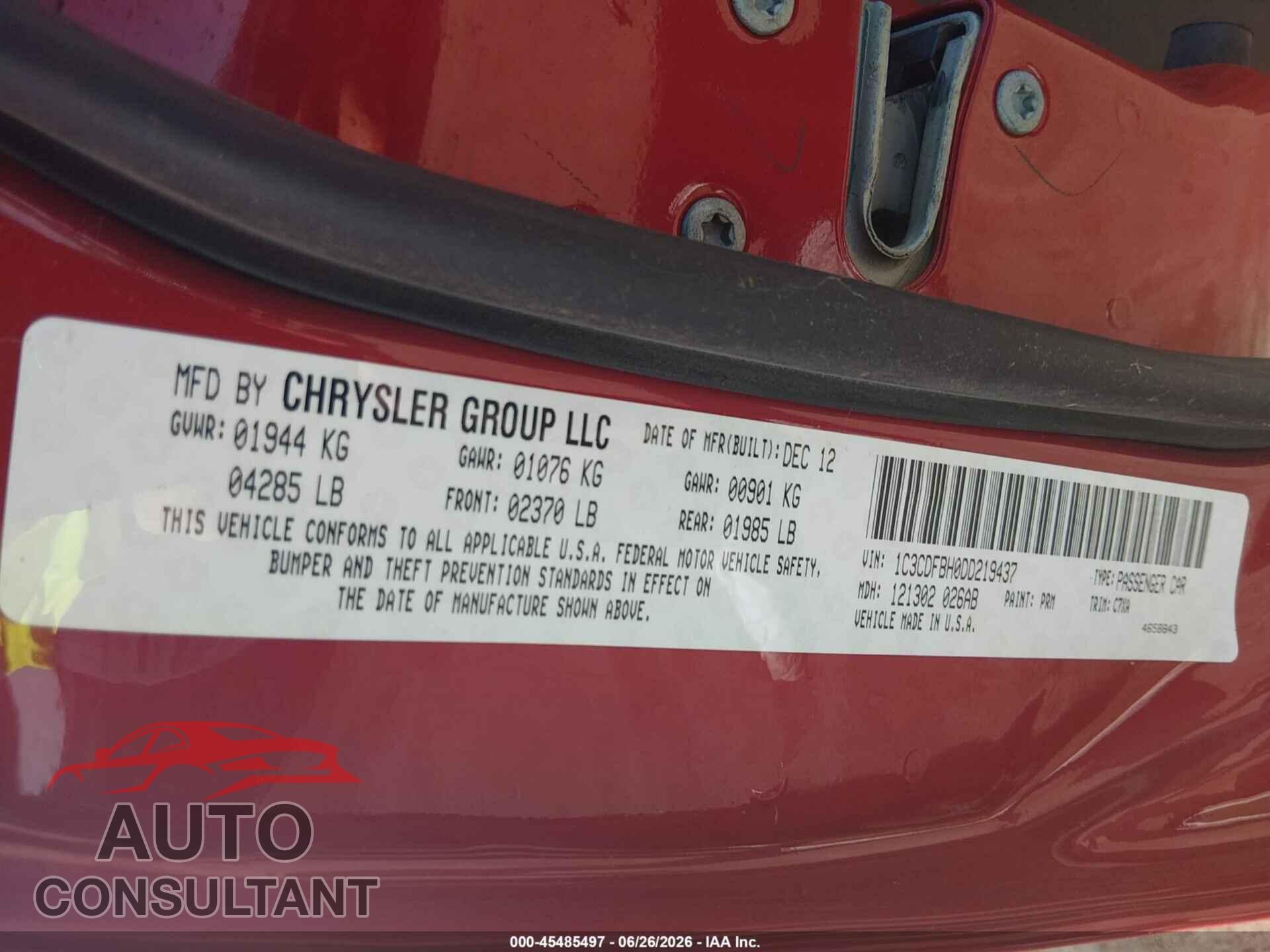 DODGE DART 2013 - 1C3CDFBH0DD219437