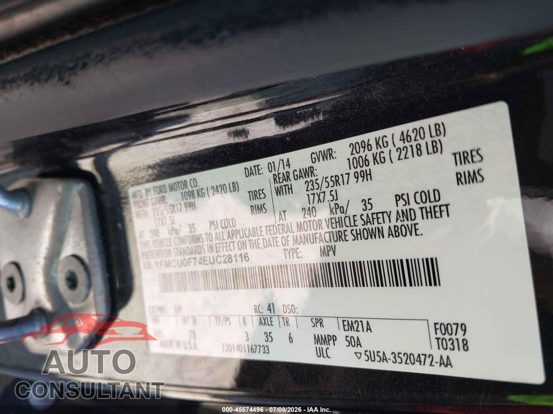 FORD ESCAPE 2014 - 1FMCU0F74EUC28116