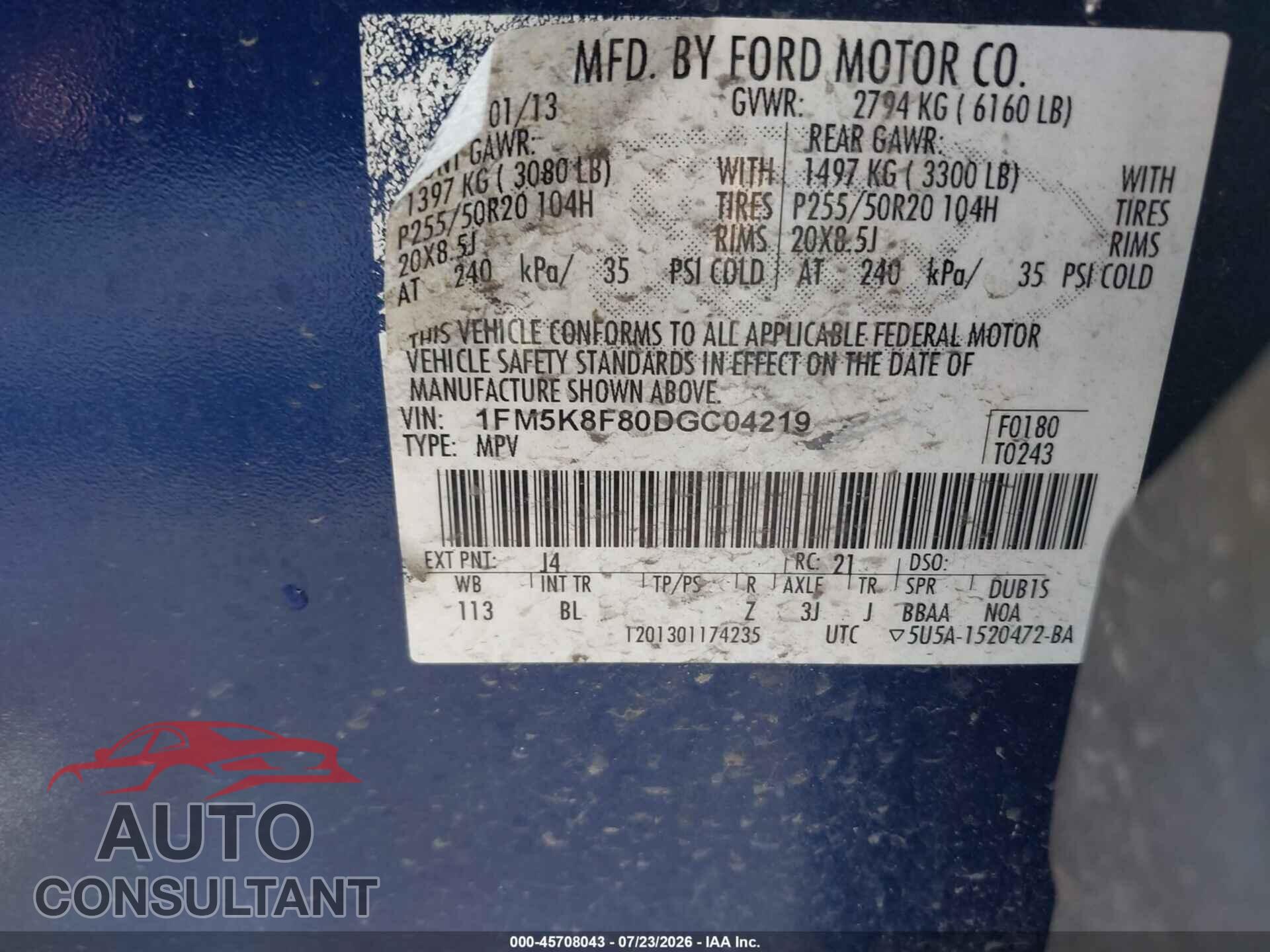 FORD EXPLORER 2013 - 1FM5K8F80DGC04219