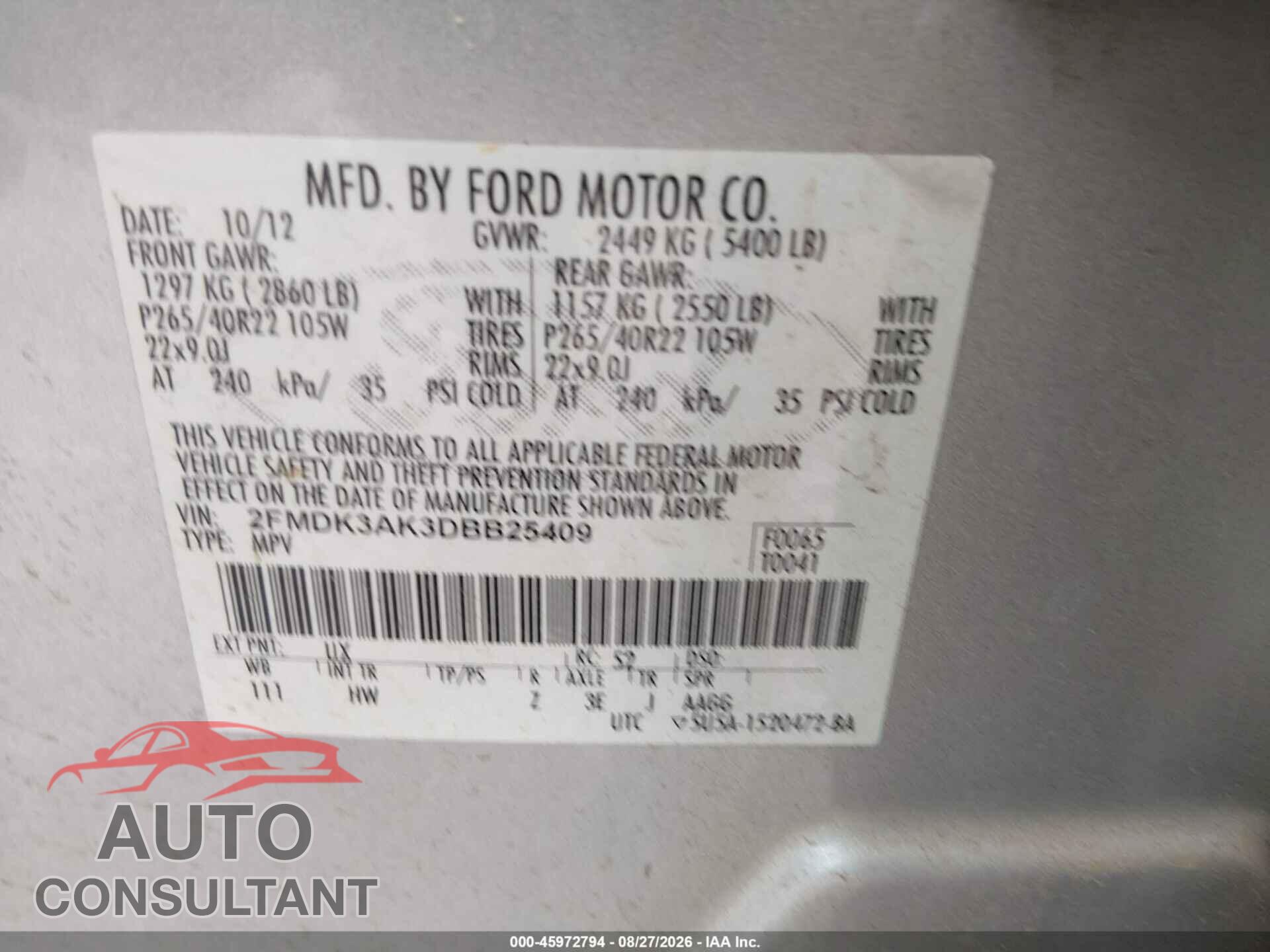 FORD EDGE 2013 - 2FMDK3AK3DBB25409
