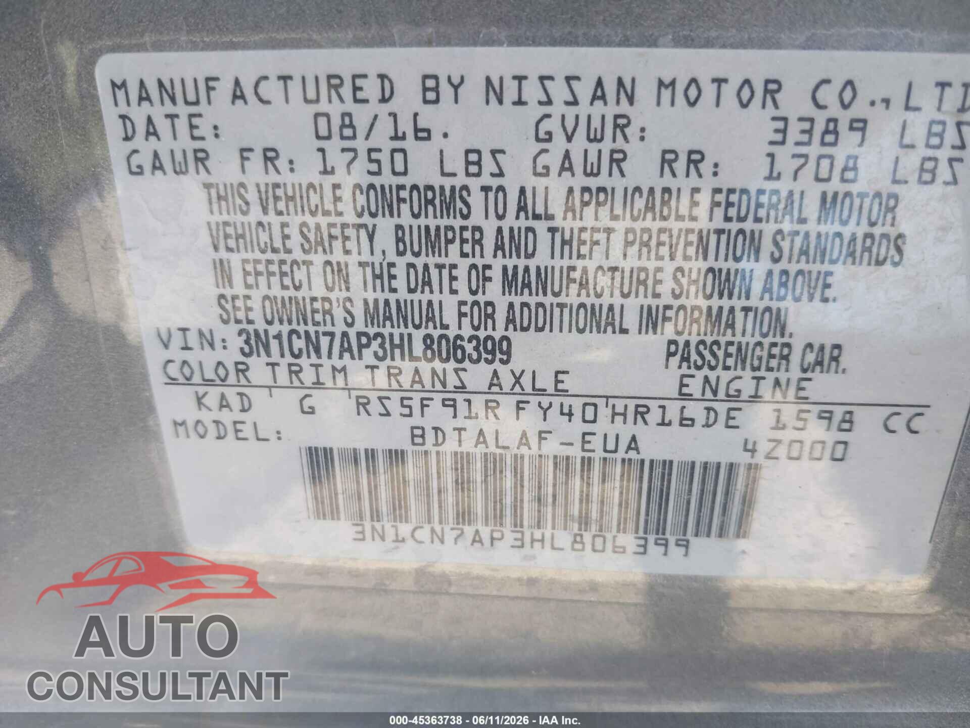 NISSAN VERSA 2017 - 3N1CN7AP3HL806399