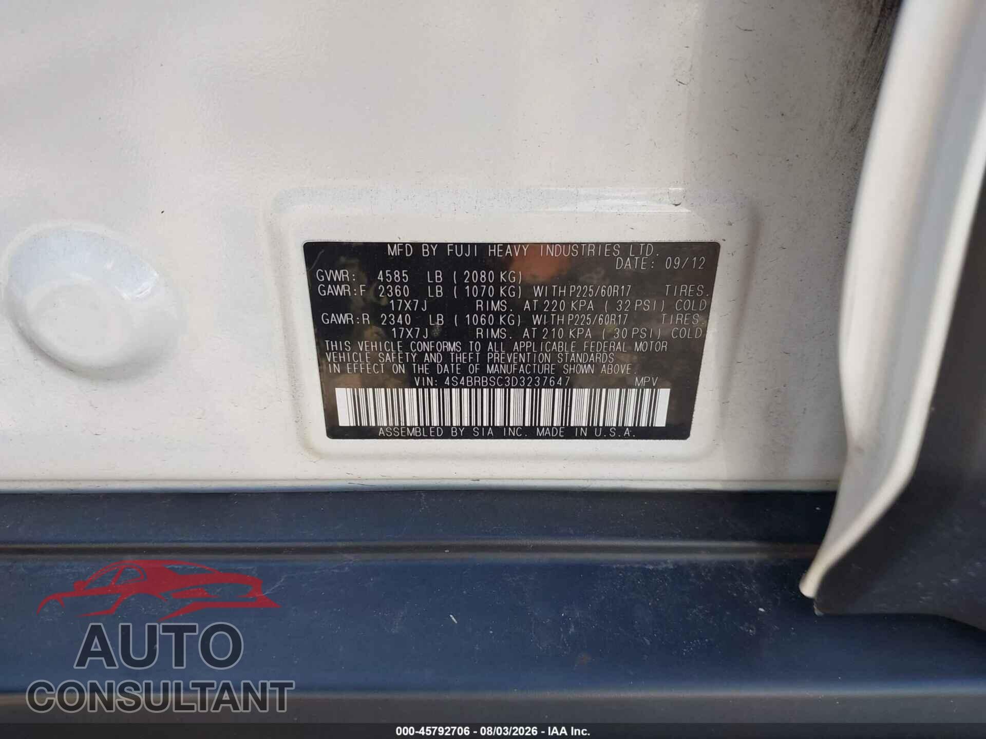 SUBARU OUTBACK 2013 - 4S4BRBSC3D3237647