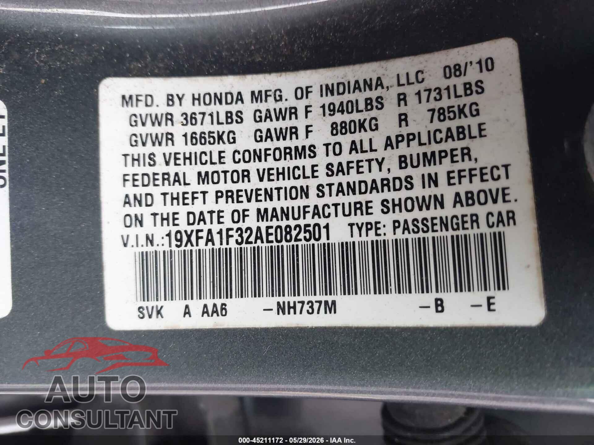 HONDA CIVIC 2010 - 19XFA1F32AE082501