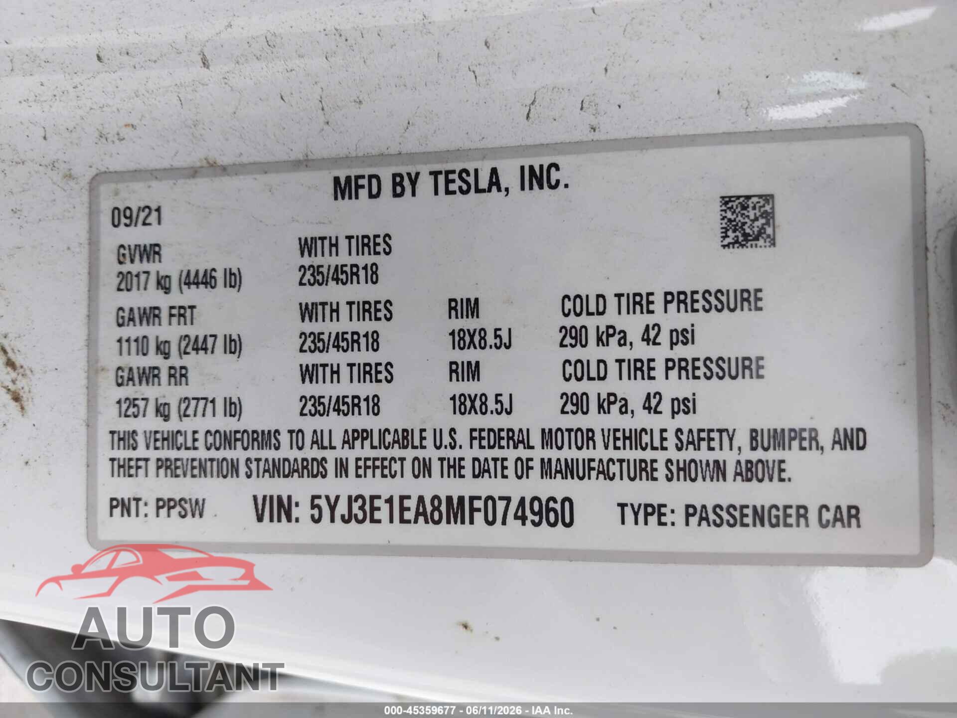 TESLA MODEL 3 2021 - 5YJ3E1EA8MF074960