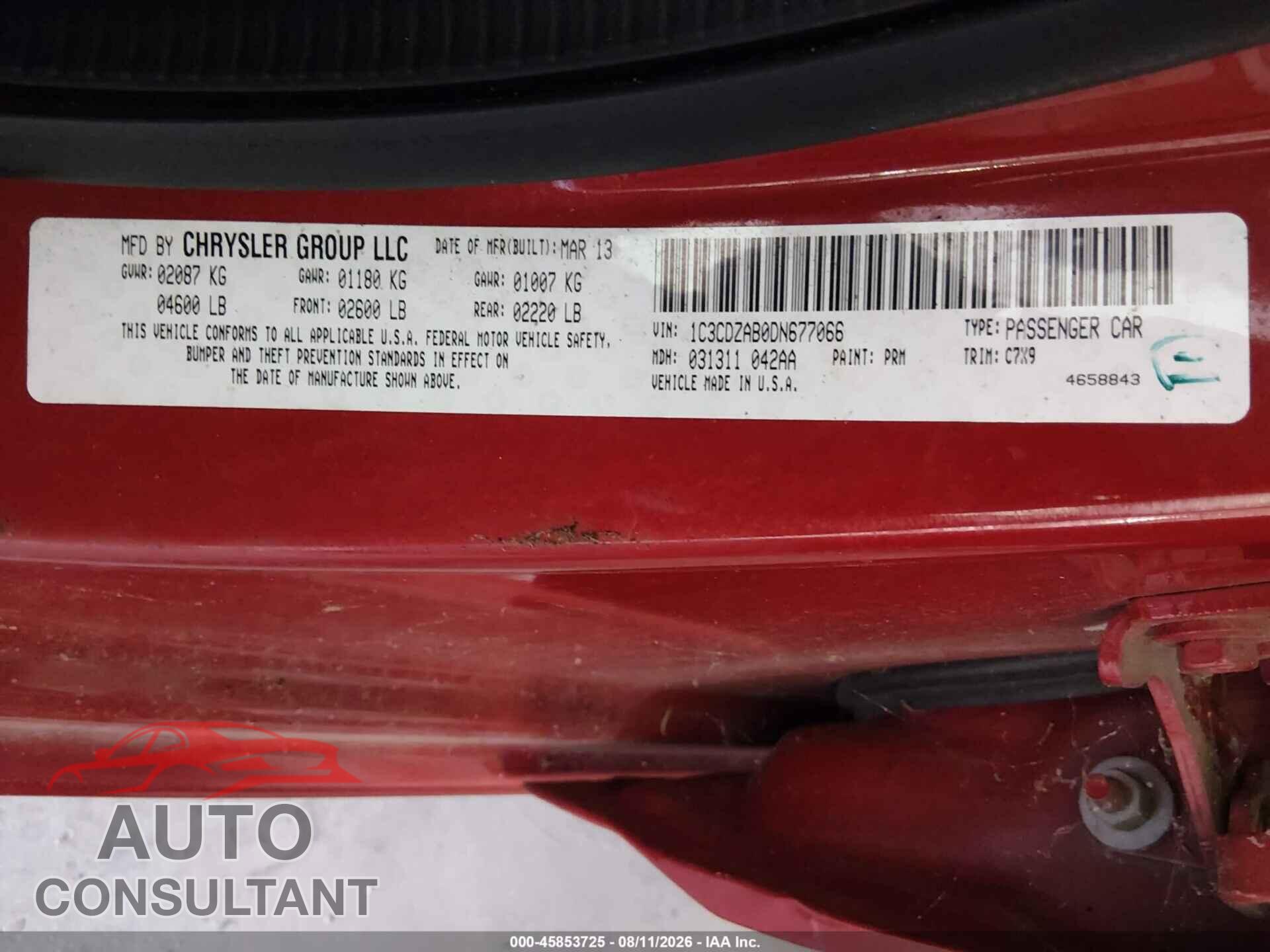 DODGE AVENGER 2013 - 1C3CDZAB0DN677066