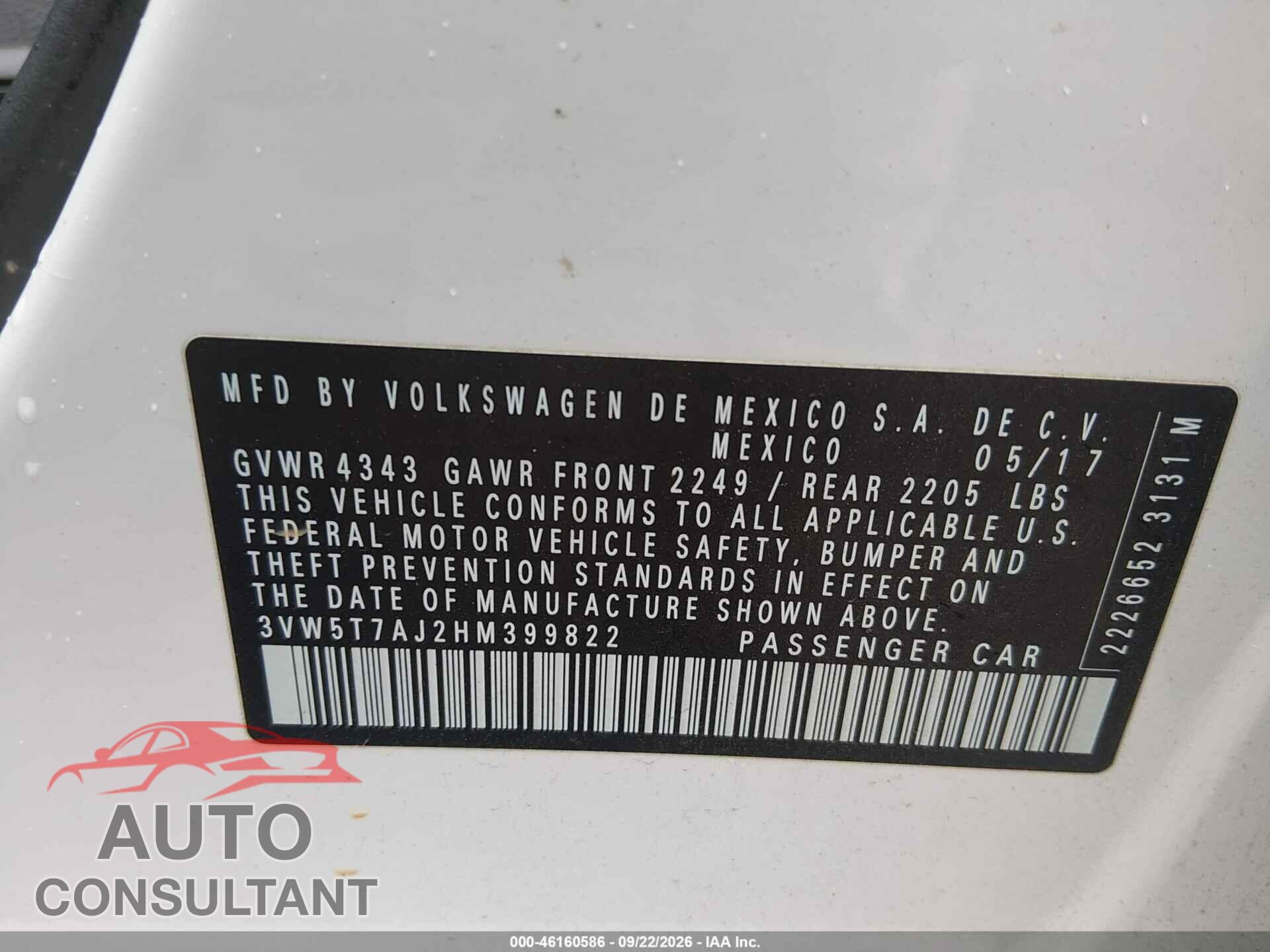 VOLKSWAGEN JETTA 2017 - 3VW5T7AJ2HM399822