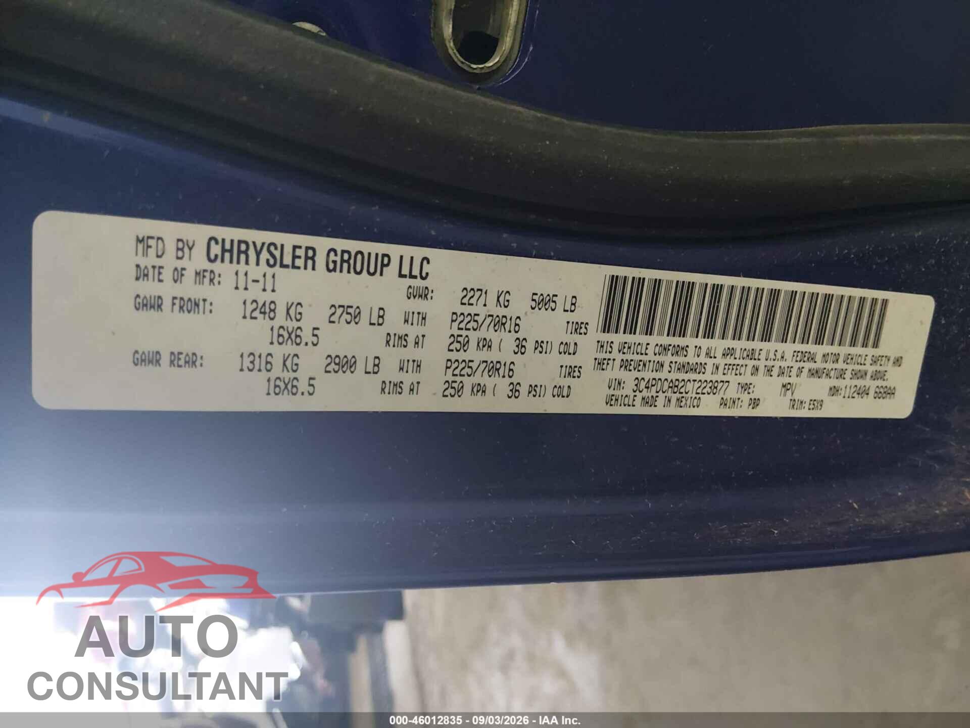 DODGE JOURNEY 2012 - 3C4PDCAB2CT223877