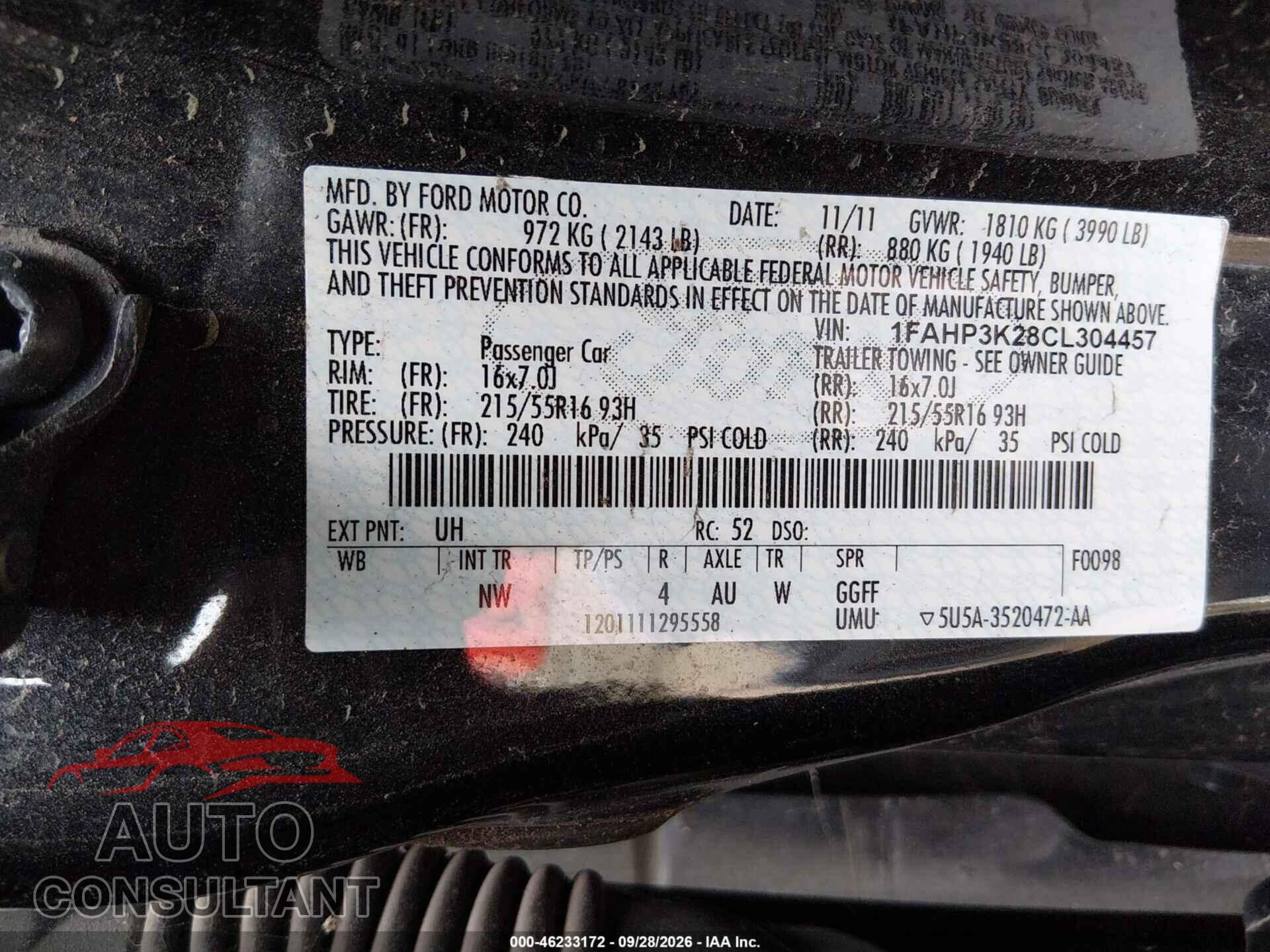 FORD FOCUS 2012 - 1FAHP3K28CL304457