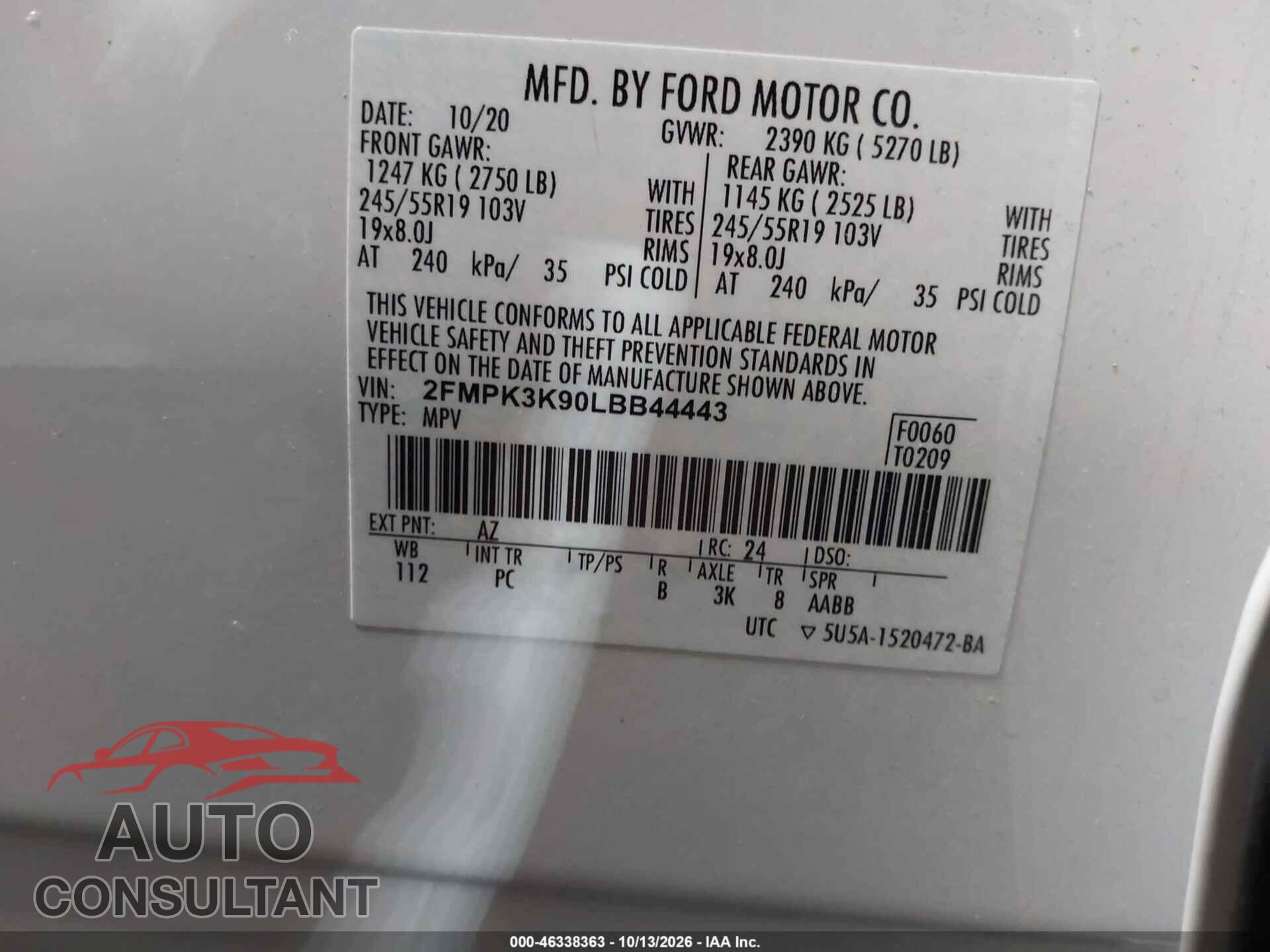 FORD EDGE 2020 - 2FMPK3K90LBB44443