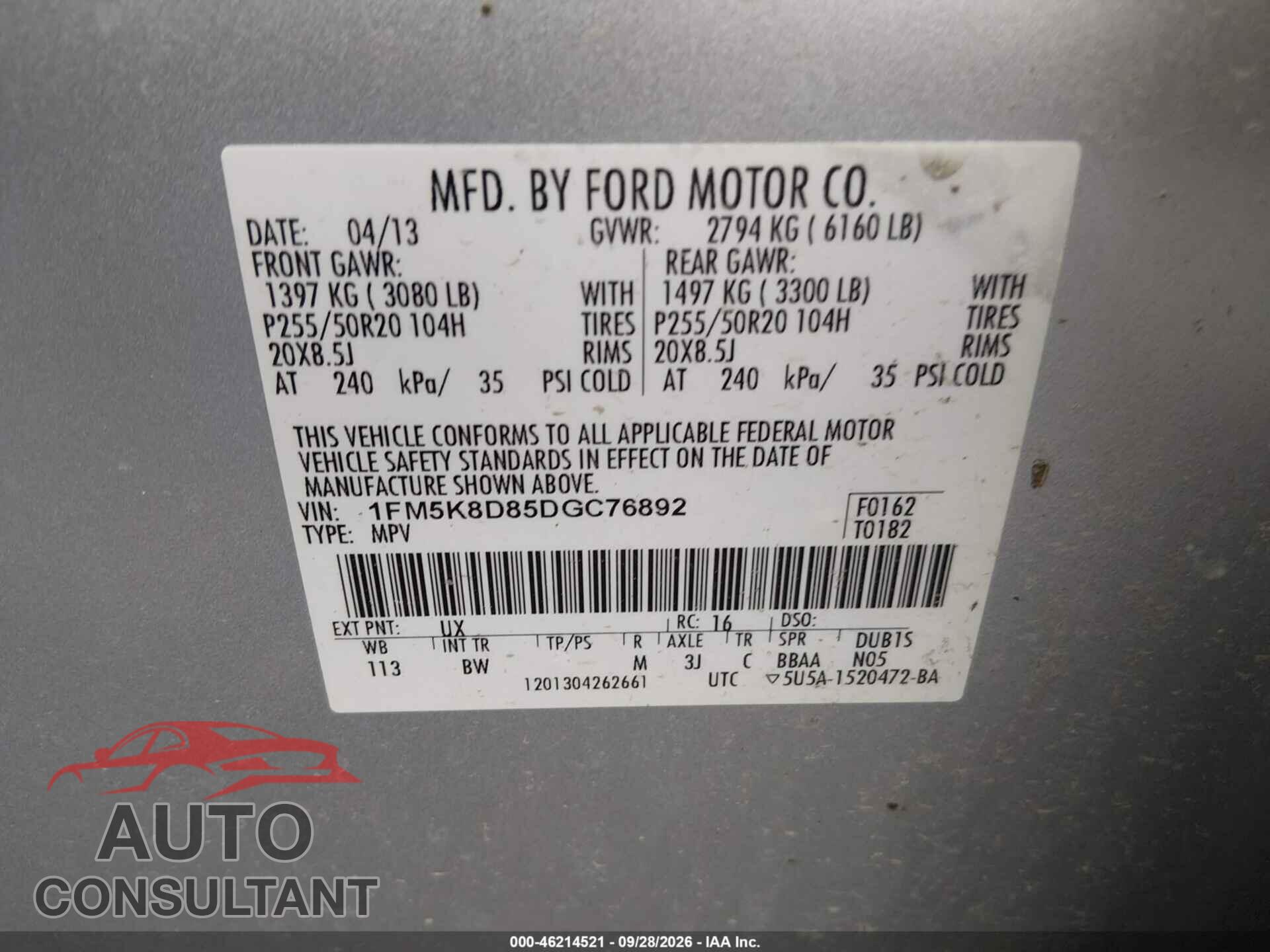 FORD EXPLORER 2013 - 1FM5K8D85DGC76892
