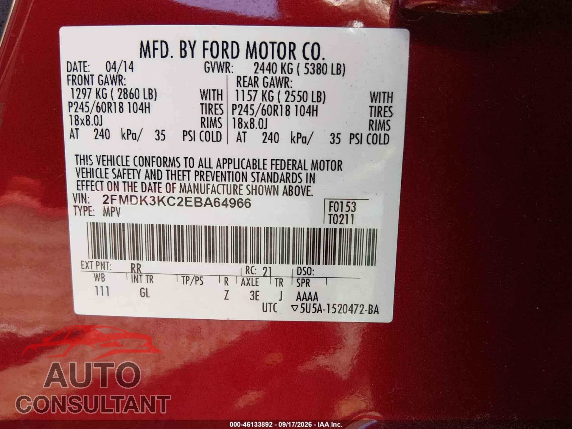 FORD EDGE 2014 - 2FMDK3KC2EBA64966