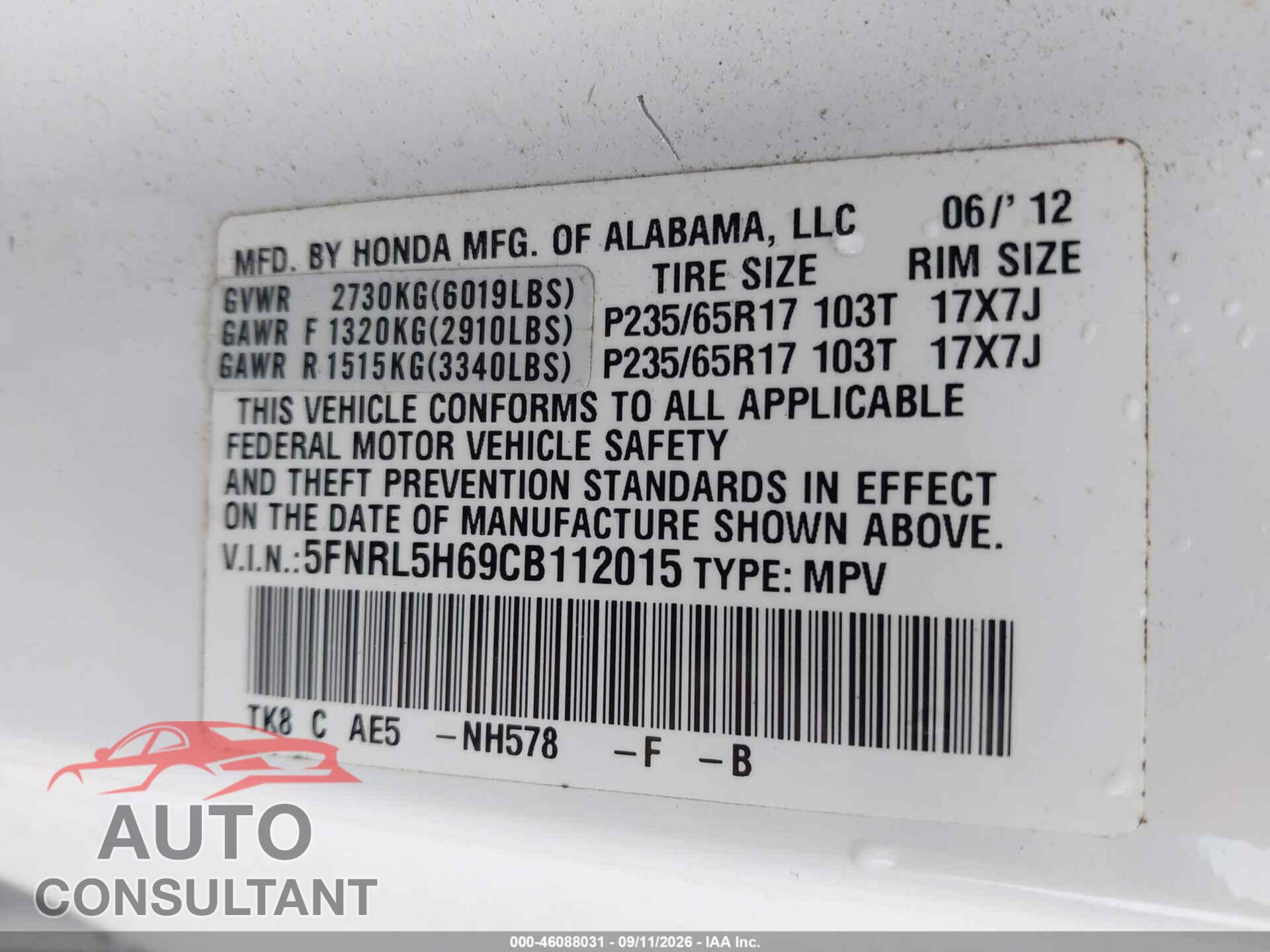 HONDA ODYSSEY 2012 - 5FNRL5H69CB112015