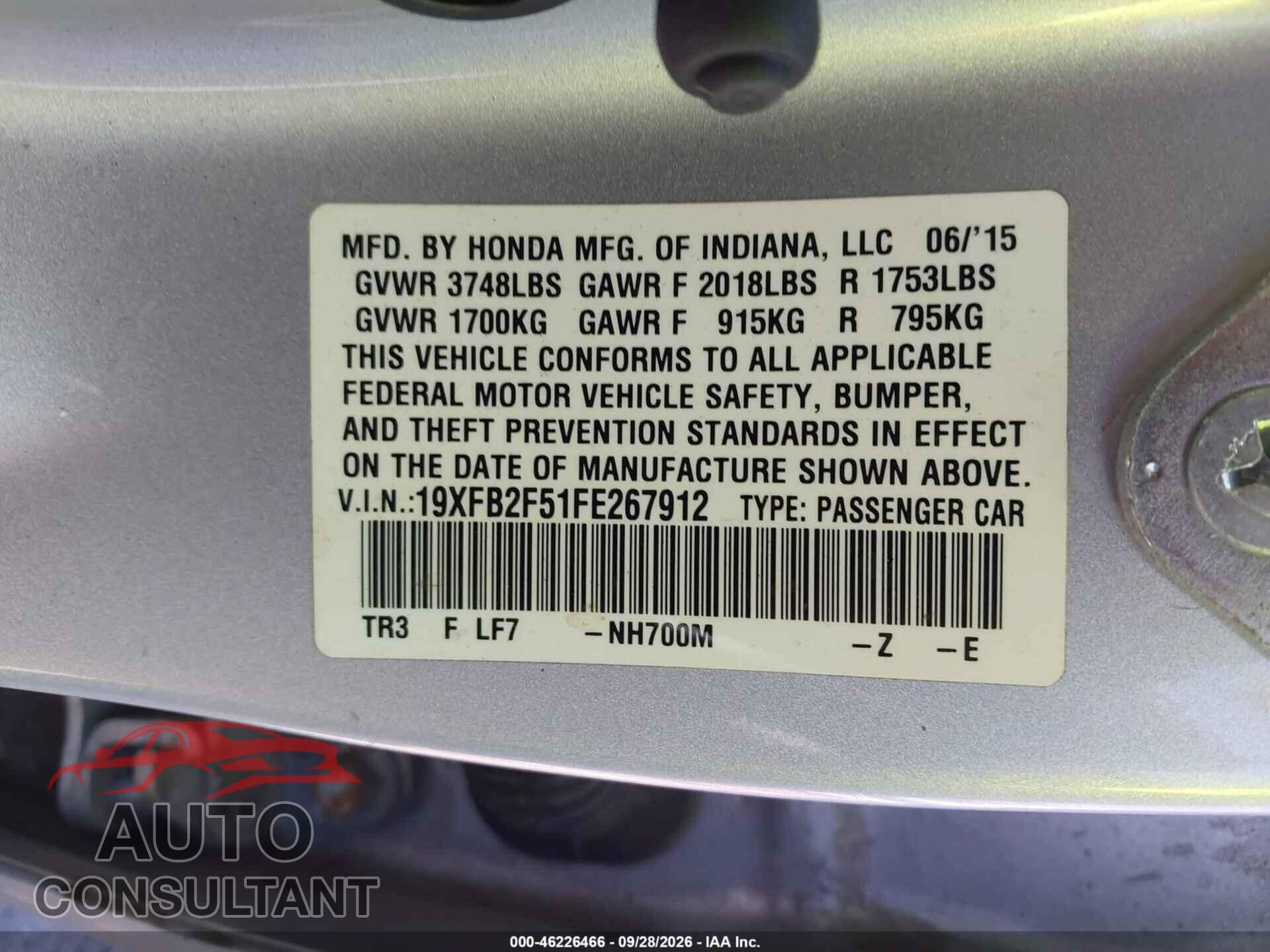 HONDA CIVIC 2015 - 19XFB2F51FE267912