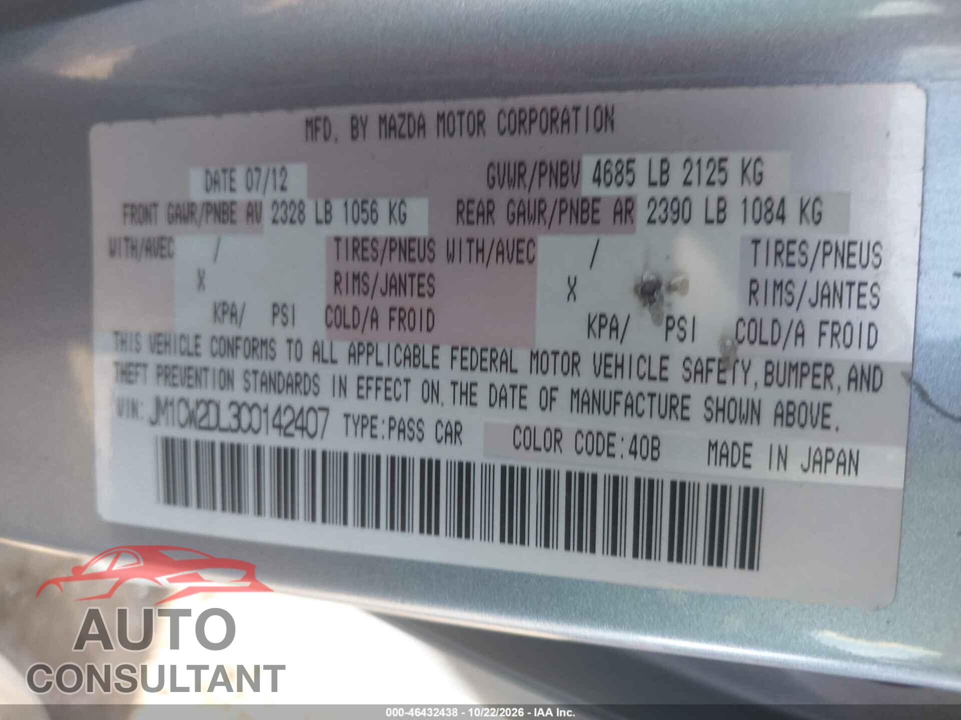 MAZDA MAZDA5 2012 - JM1CW2DL3C0142407