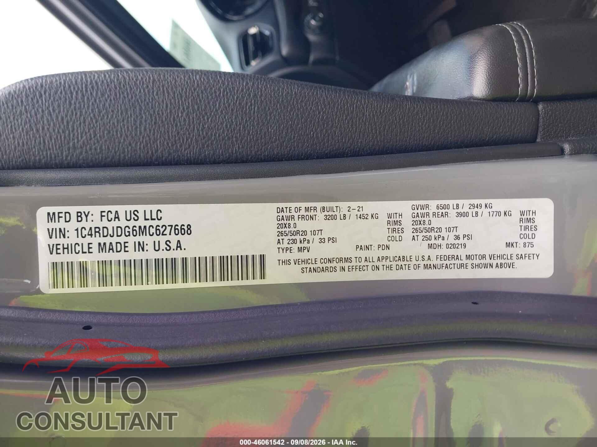 DODGE DURANGO 2021 - 1C4RDJDG6MC627668