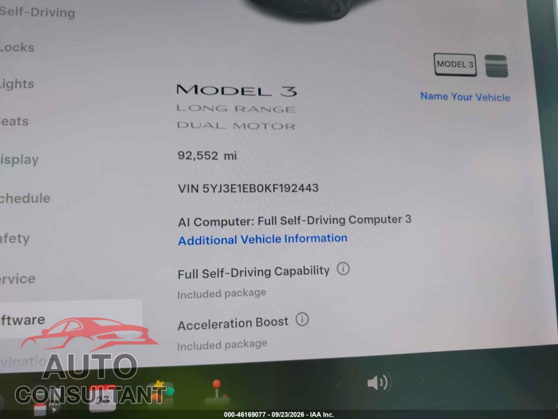 TESLA MODEL 3 2019 - 5YJ3E1EB0KF192443
