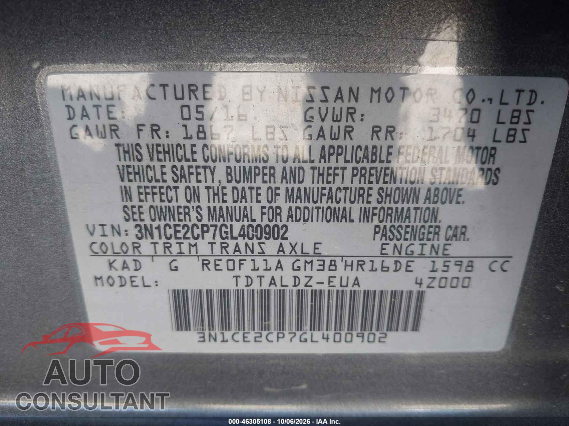 NISSAN VERSA NOTE 2016 - 3N1CE2CP7GL400902