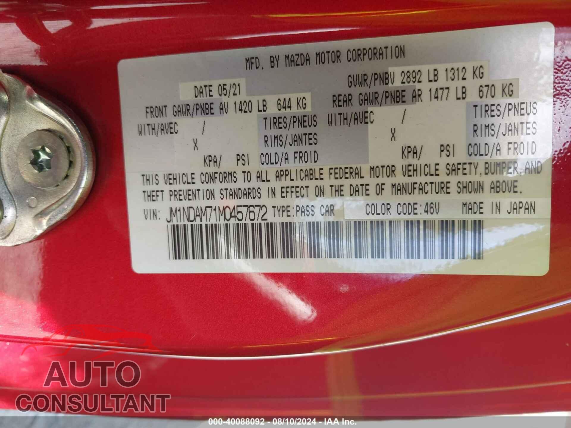 MAZDA MX-5 MIATA RF 2021 - JM1NDAM71M0457672
