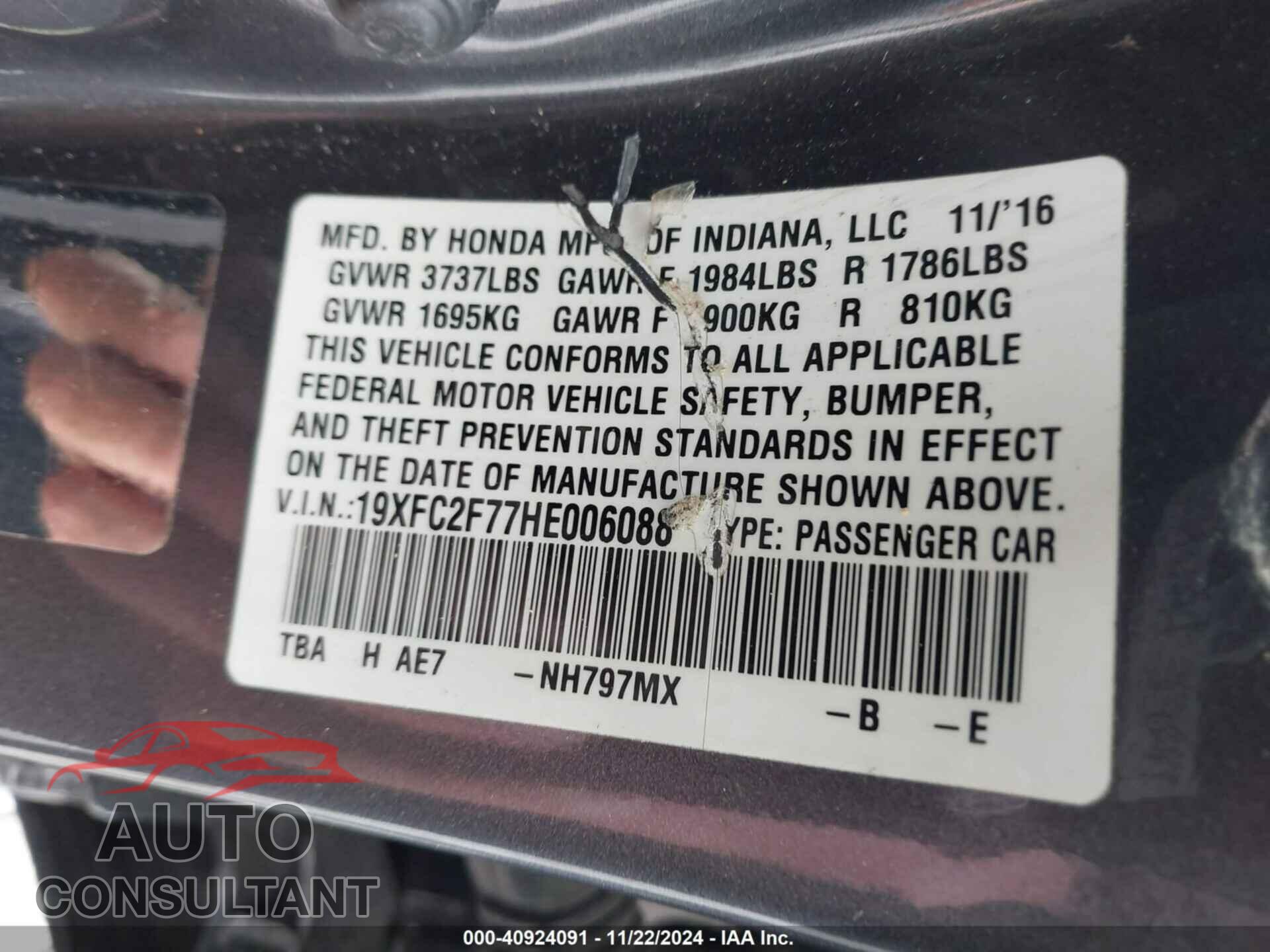 HONDA CIVIC 2017 - 19XFC2F77HE006088
