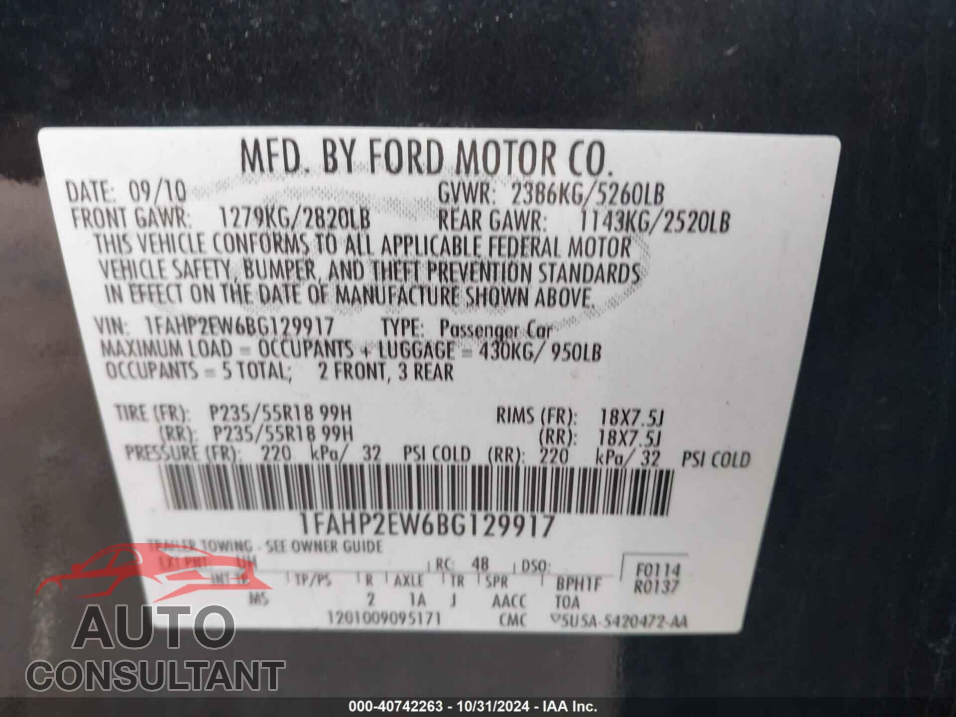 FORD TAURUS 2011 - 1FAHP2EW6BG129917