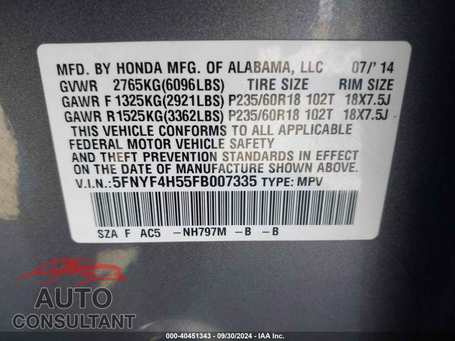 HONDA PILOT 2015 - 5FNYF4H55FB007335
