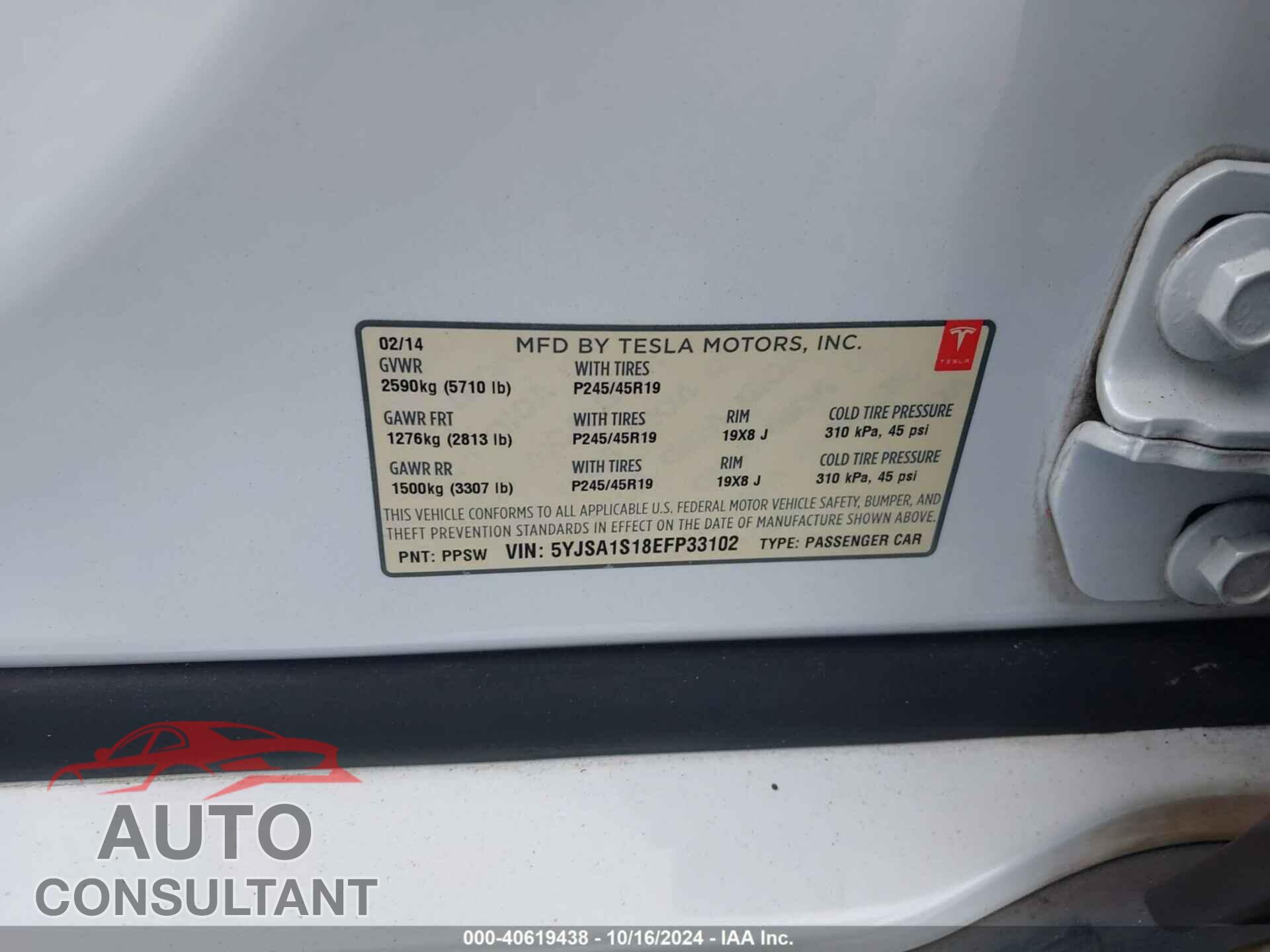 TESLA MODEL S 2014 - 5YJSA1S18EFP33102