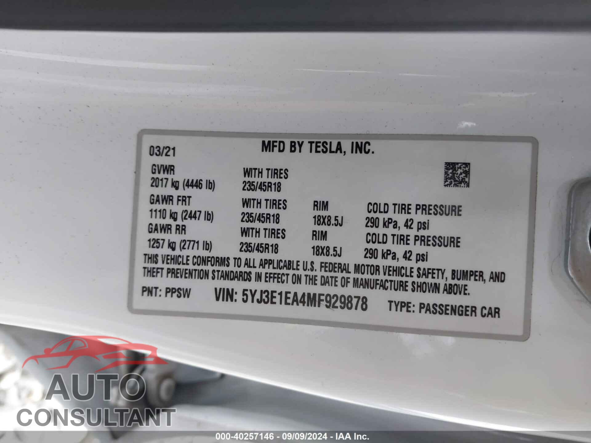 TESLA MODEL 3 2021 - 5YJ3E1EA4MF929878