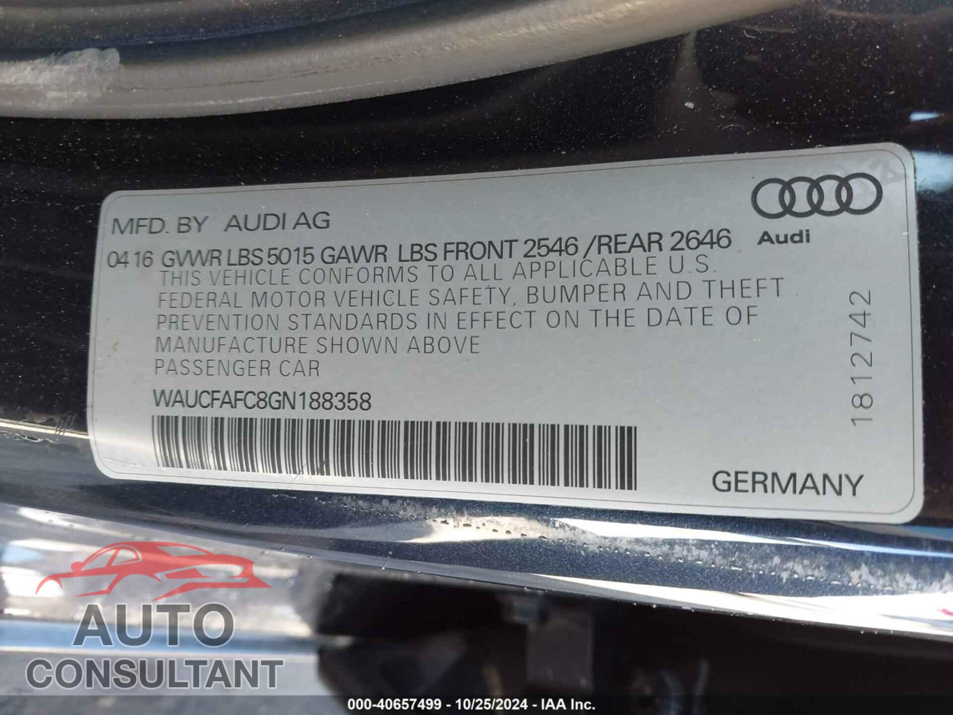AUDI A6 2016 - WAUCFAFC8GN188358