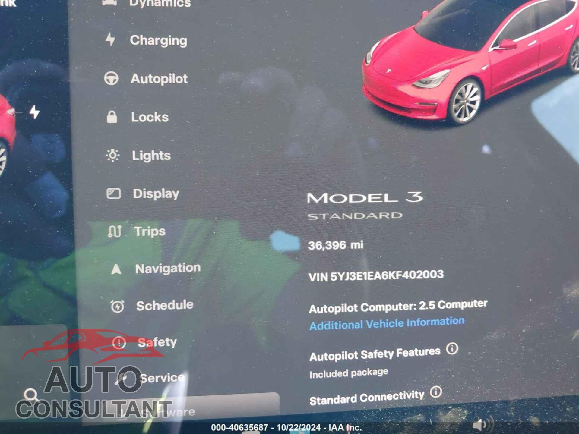 TESLA MODEL 3 2019 - 5YJ3E1EA6KF402003
