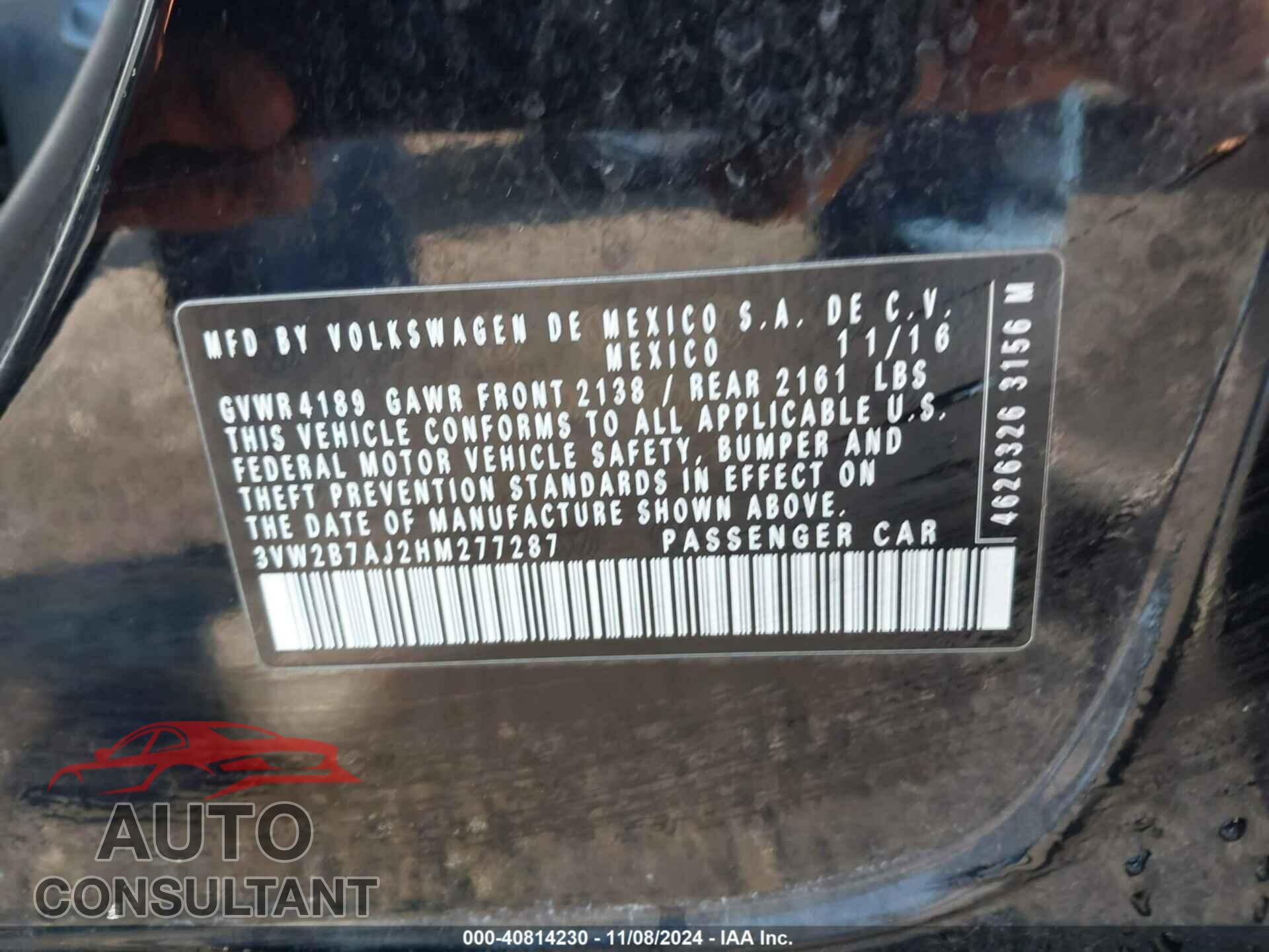 VOLKSWAGEN JETTA 2017 - 3VW2B7AJ2HM277287