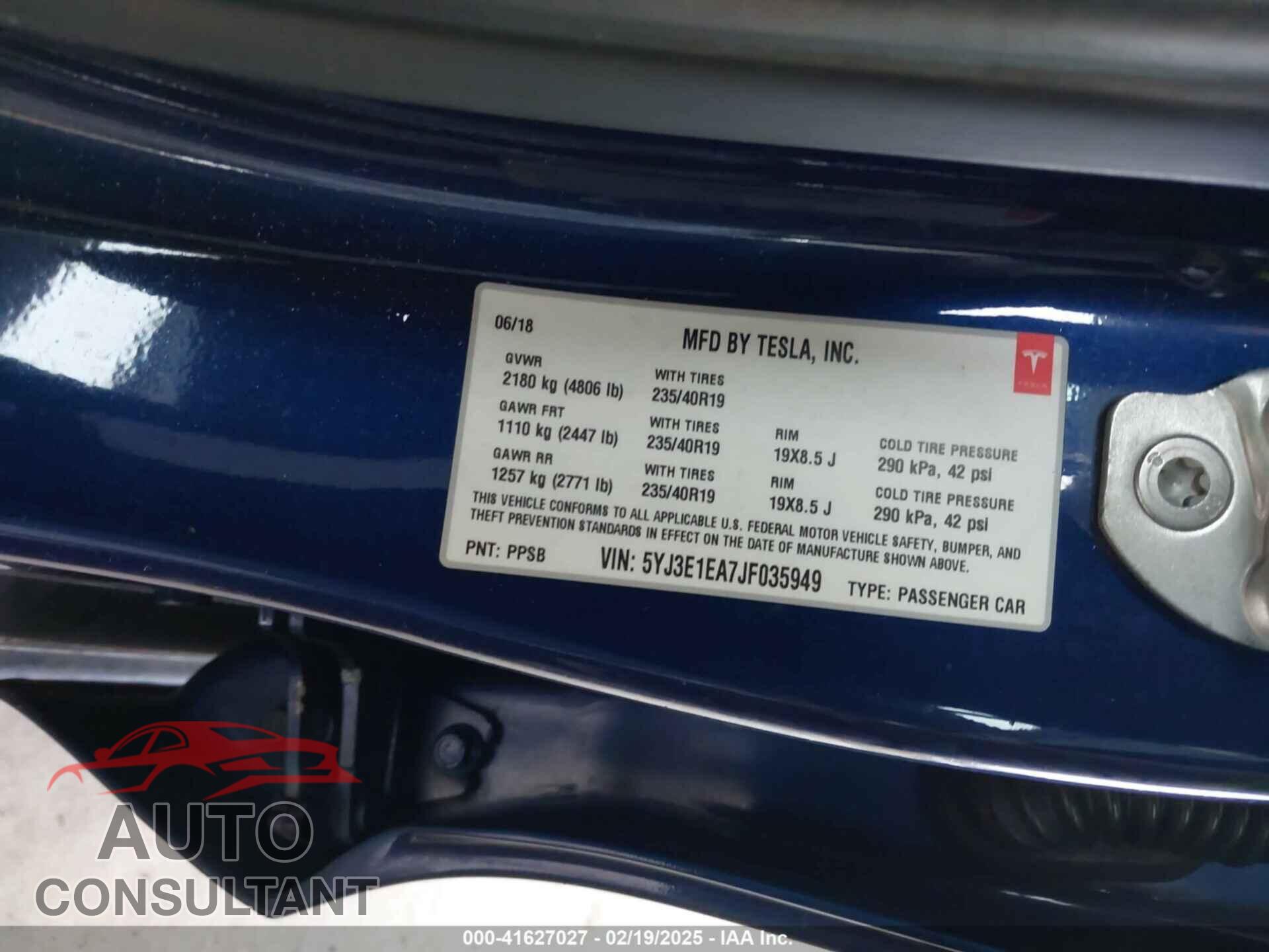 TESLA MODEL 3 2018 - 5YJ3E1EA7JF035949