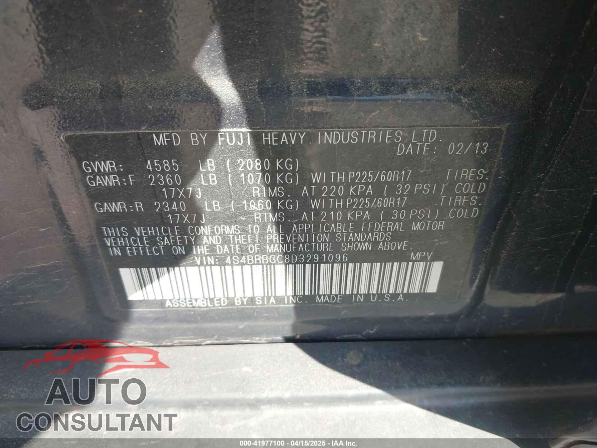 SUBARU OUTBACK 2013 - 4S4BRBGC8D3291096