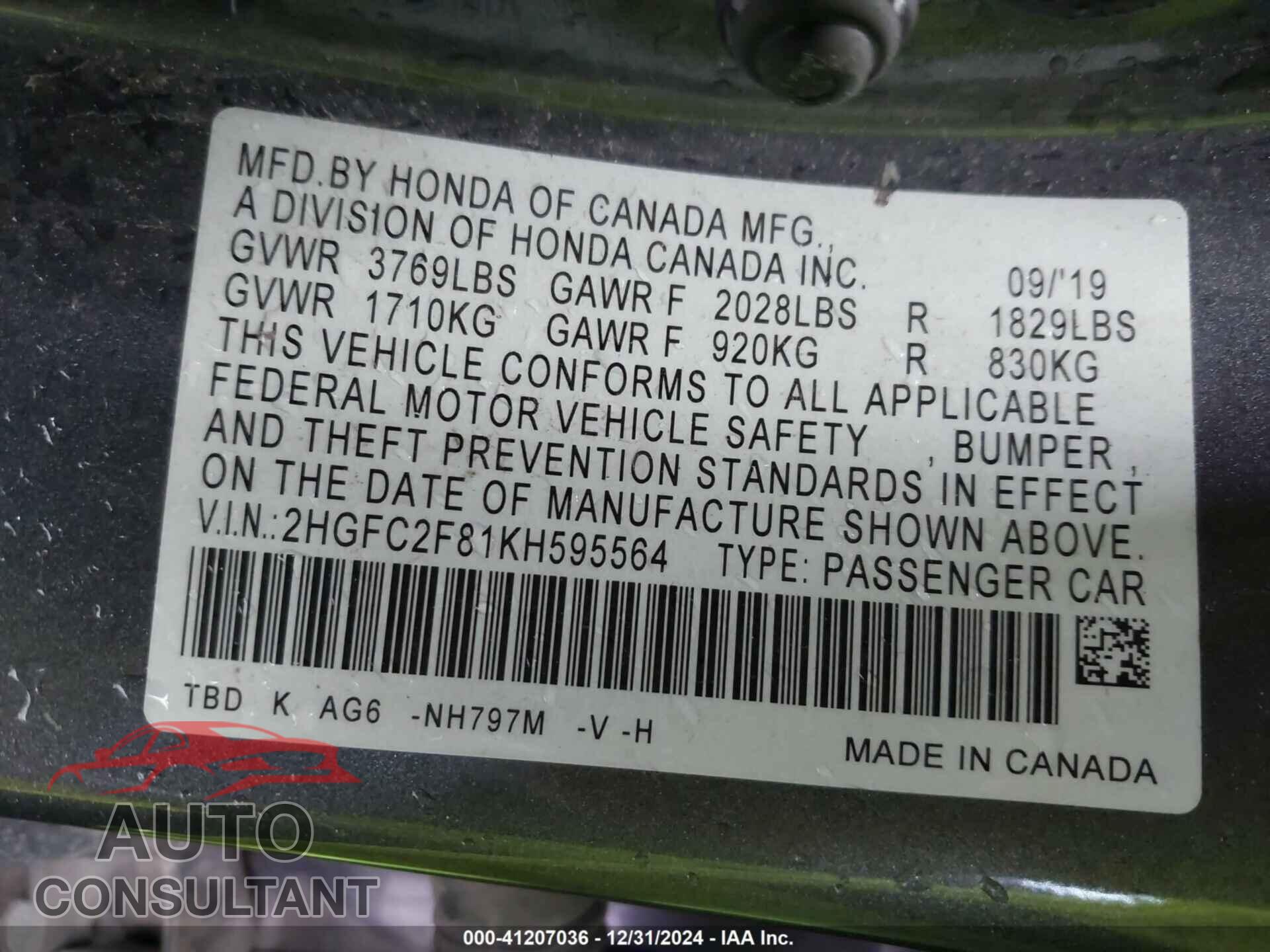 HONDA CIVIC 2019 - 2HGFC2F81KH595564