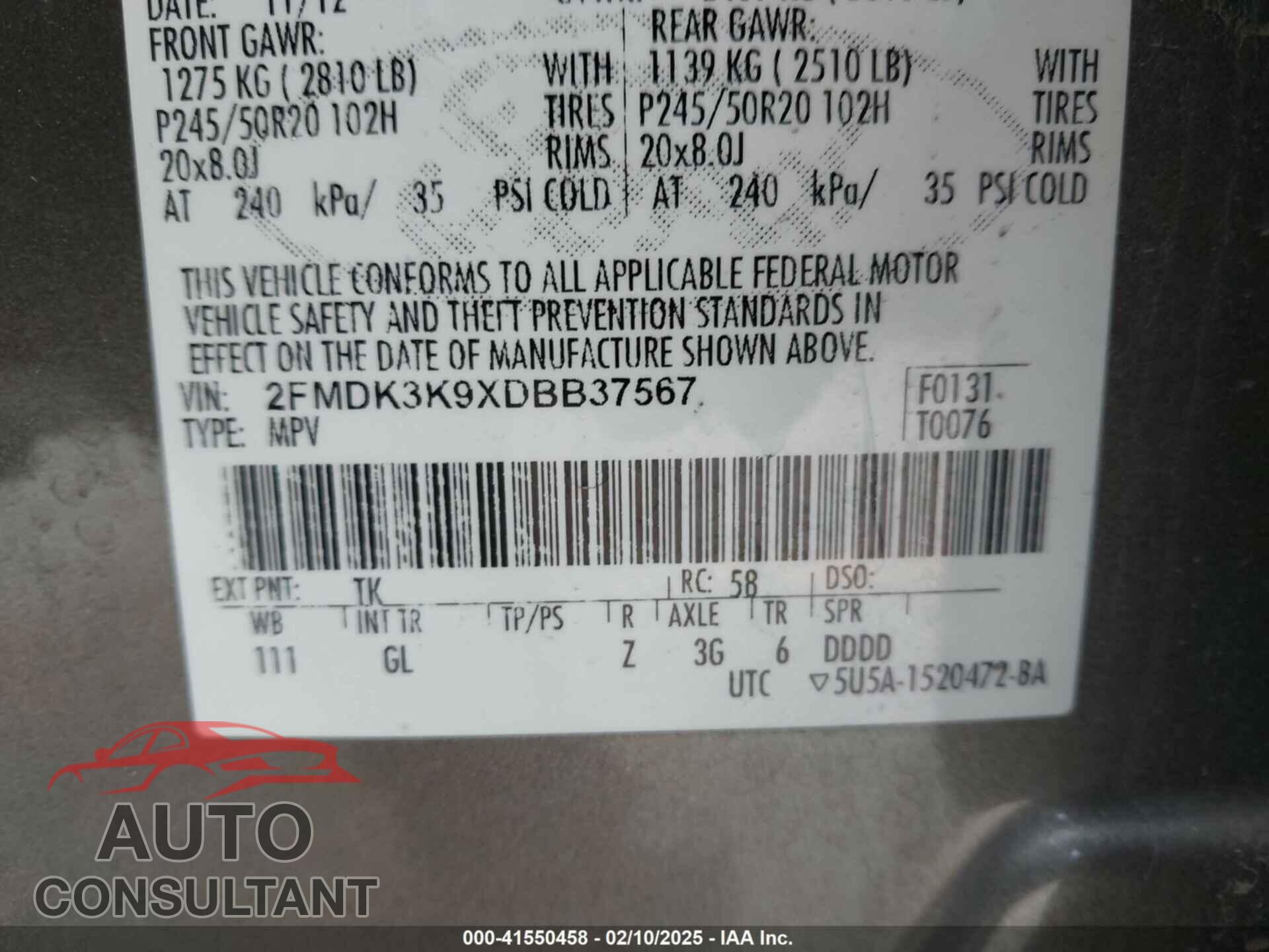 FORD EDGE 2013 - 2FMDK3K9XDBB37567