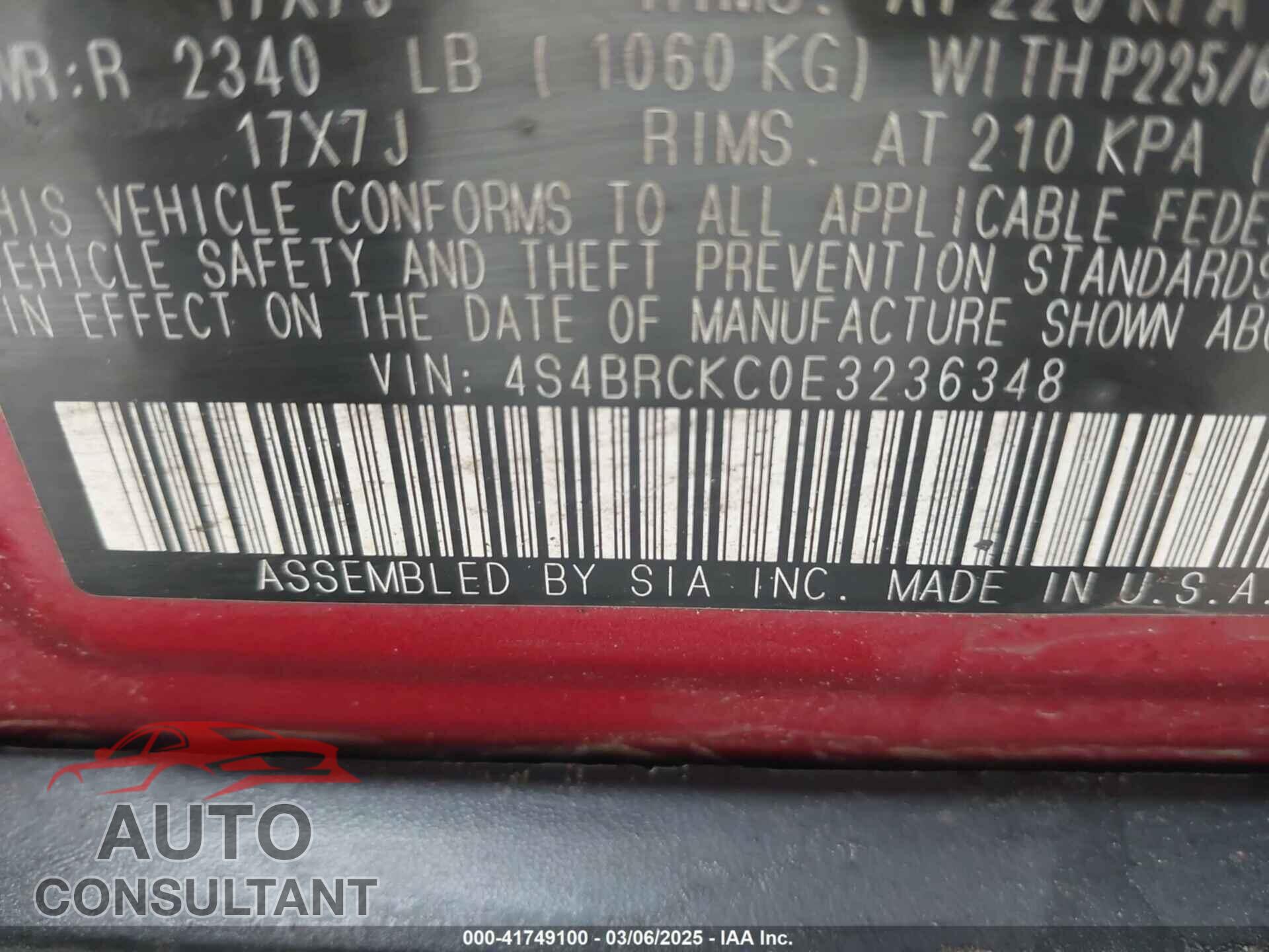 SUBARU OUTBACK 2014 - 4S4BRCKC0E3236348