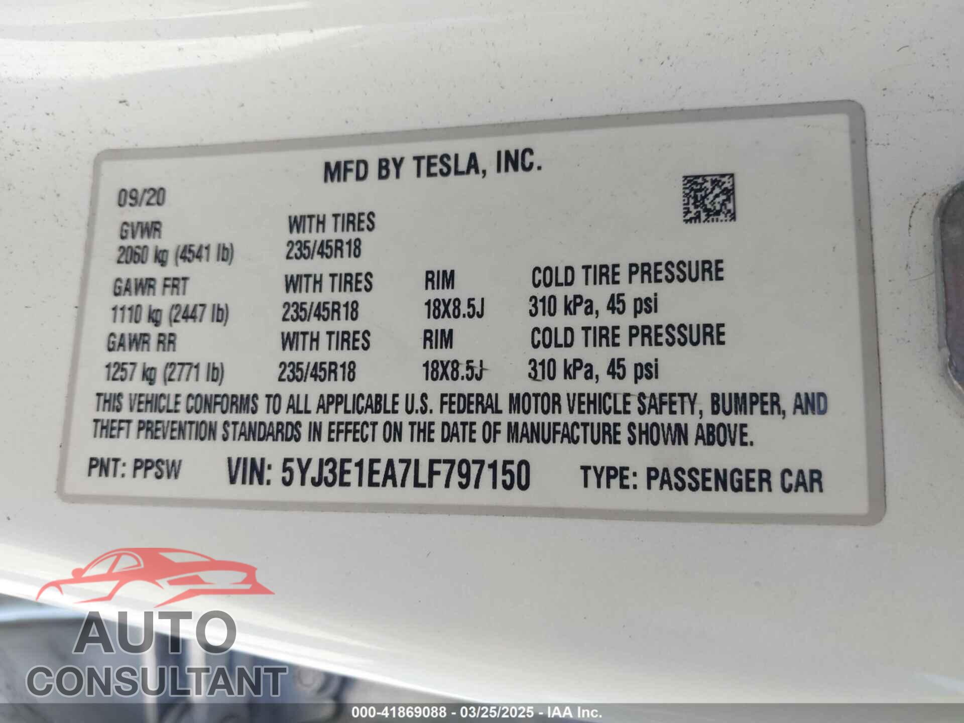 TESLA MODEL 3 2020 - 5YJ3E1EA7LF797150