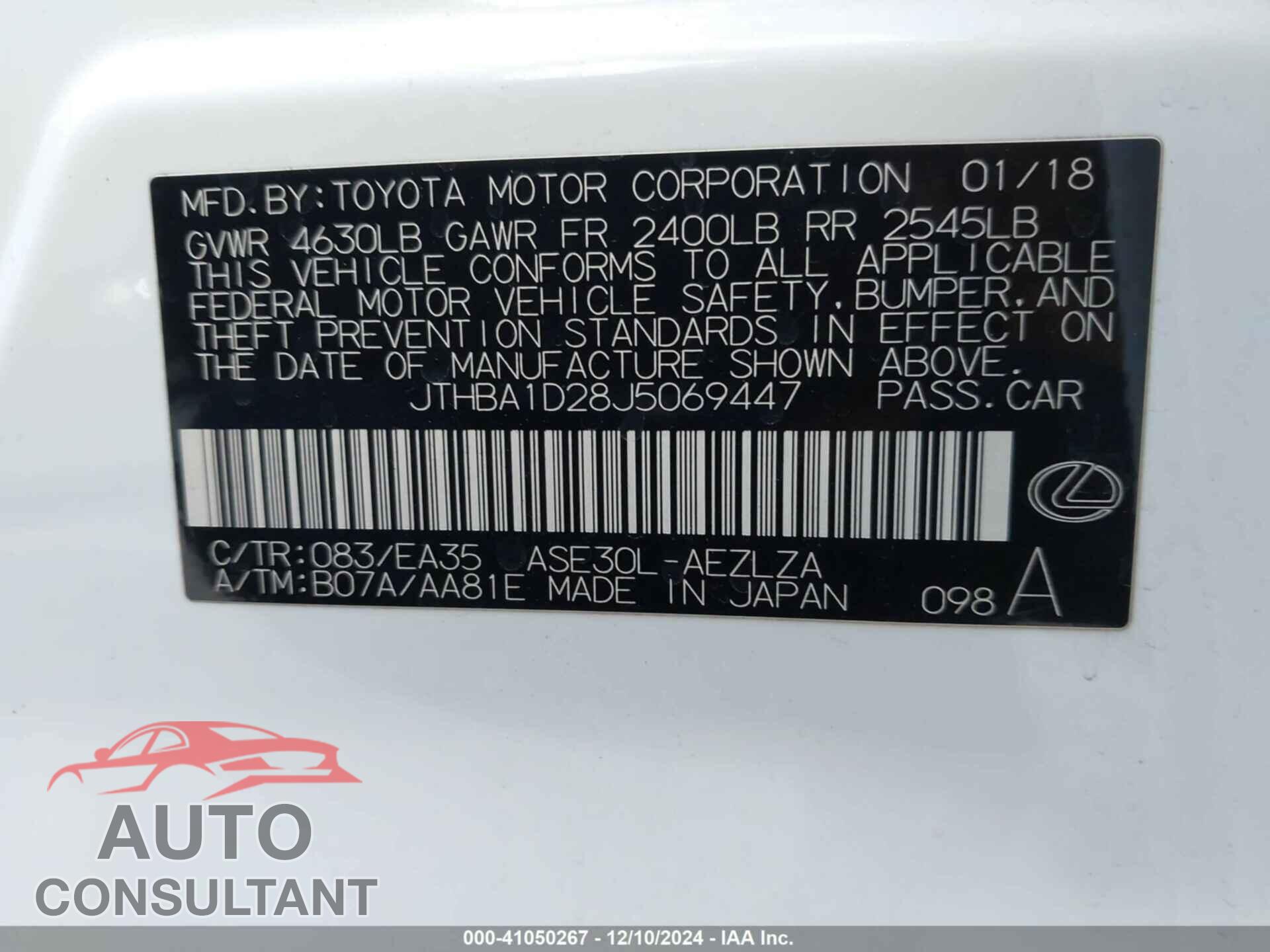 LEXUS IS 300 2018 - JTHBA1D28J5069447