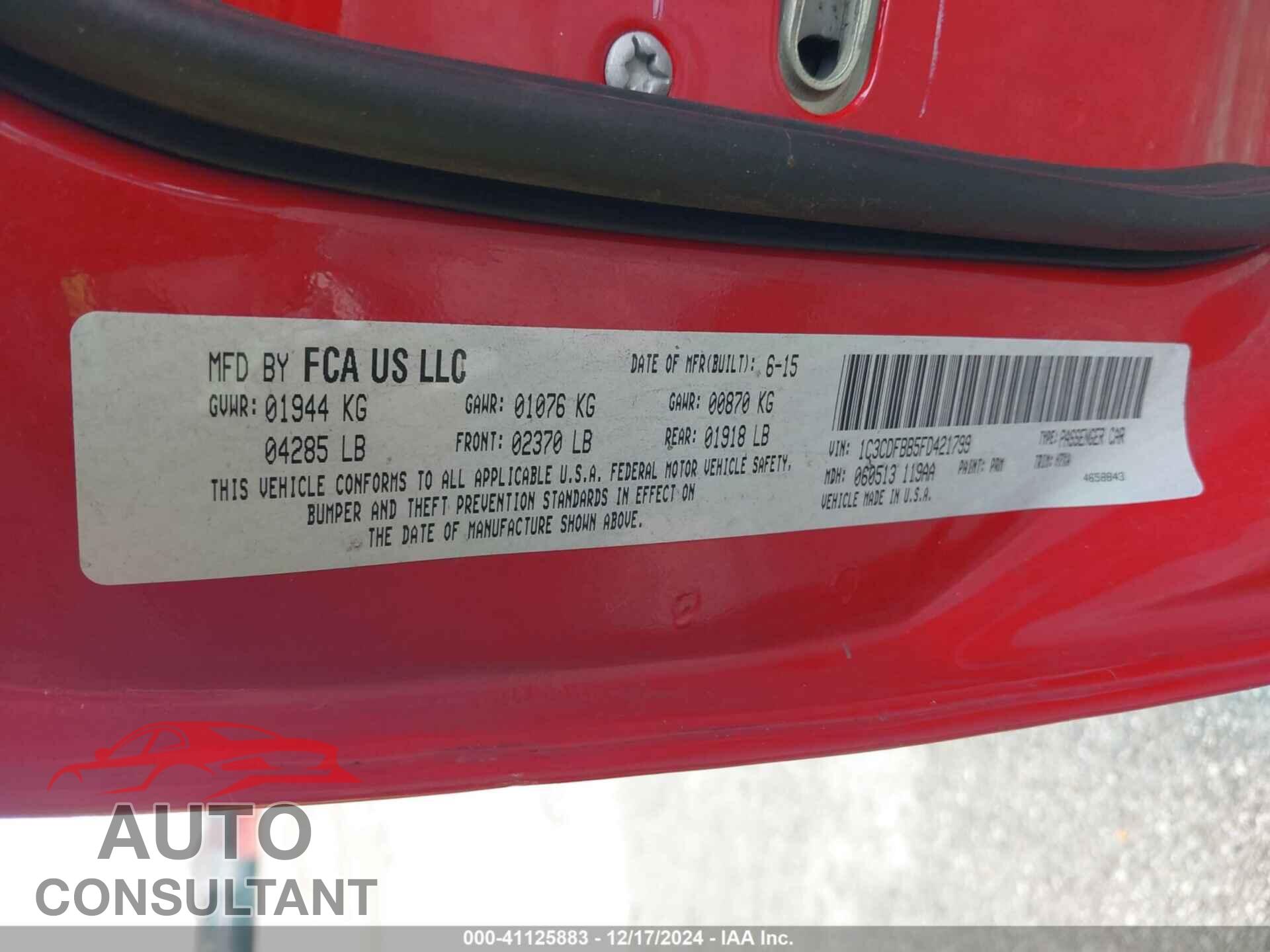 DODGE DART 2015 - 1C3CDFBB5FD421799