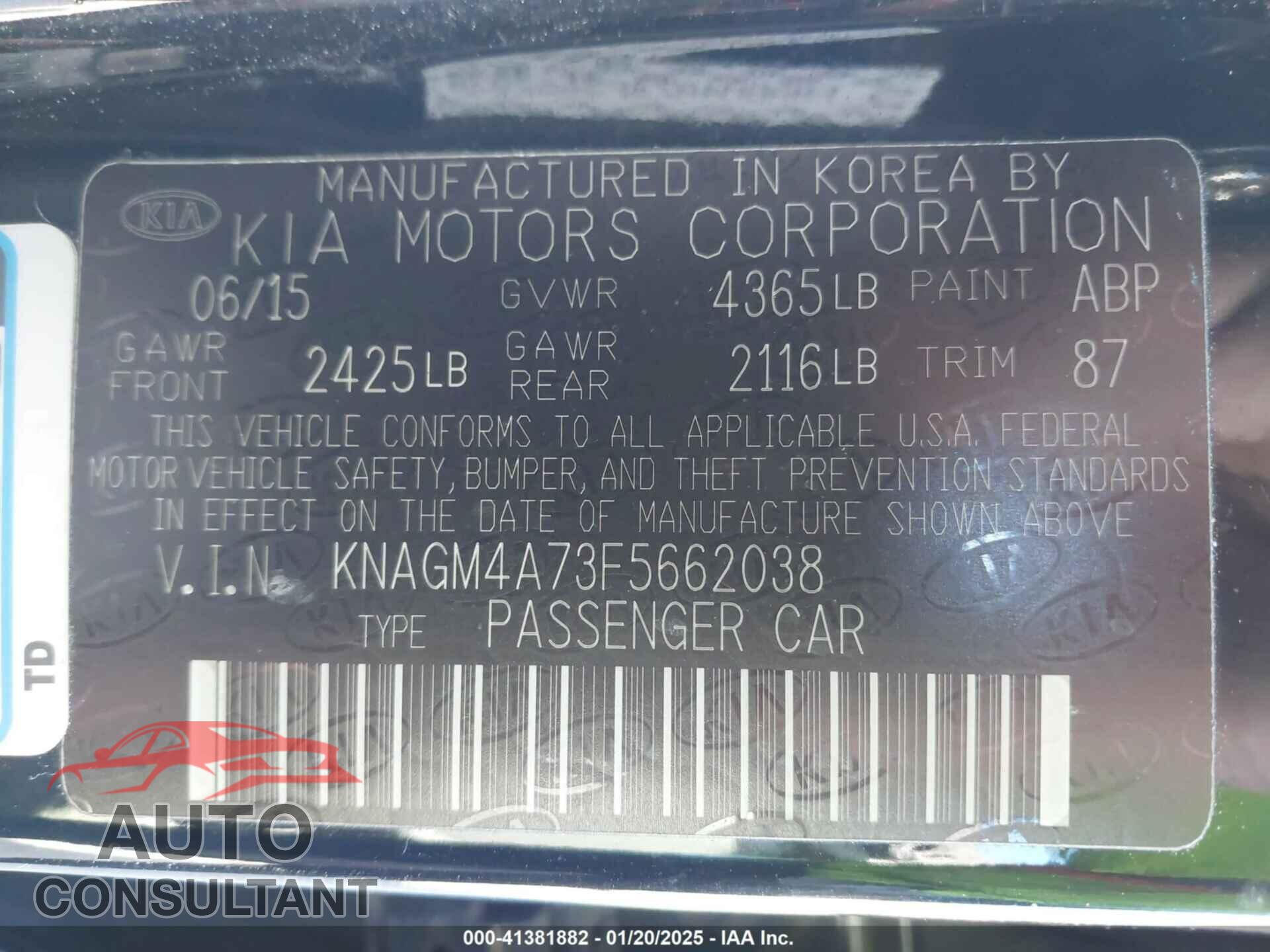 KIA OPTIMA 2015 - KNAGM4A73F5662038
